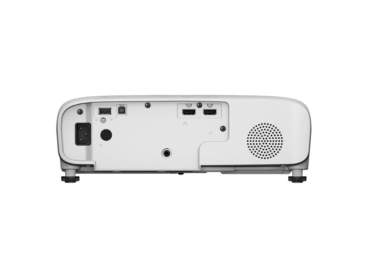 Rückansicht eines weißen Projektors mit sichtbaren Stromanschluss-, VGA- und HDMI-Anschlüssen sowie einer Belüftungsschlitze auf der rechten Seite.