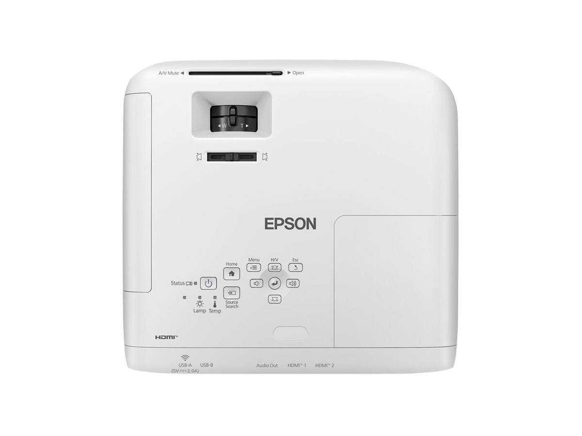 Epson-Projektor, weiß, mit Steuerungstasten und Eingabeanschlüssen, die auf der Oberfläche sichtbar sind, einschließlich HDMI- und USB-Anschlüssen.