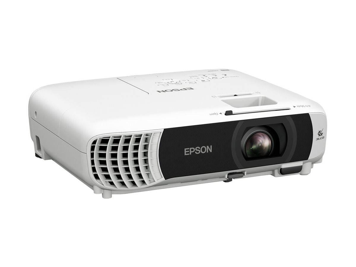 Ein weißer Epson-Projektor mit Belüftungsöffnungen an den Seiten und einer Linse an der Vorderseite, entwickelt für Präsentationen und Multimediawiedergaben.
