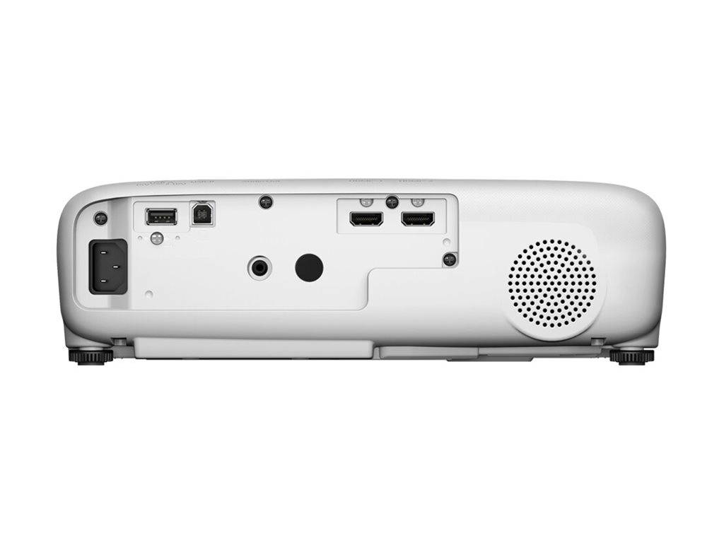 Rückseite eines Projektors mit verschiedenen Anschlüssen für Konnektivität, einschließlich HDMI, Audio, USB und Stromversorgung.