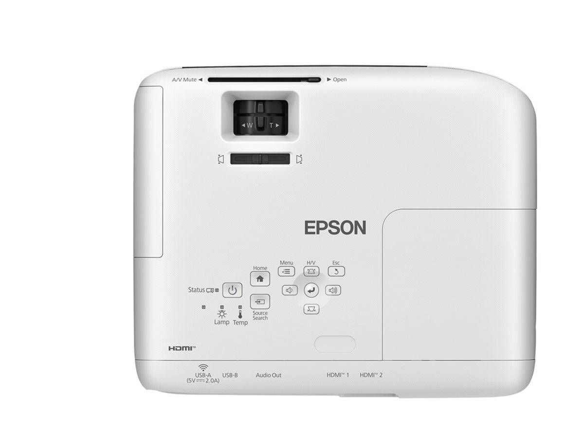 Epson-Projektor, weiß, Draufsicht mit Bedienungstasten, Statusanzeigen und Anschlüssen. "Epson"" und Eingabeoptionen auf der Oberfläche beschriftet.