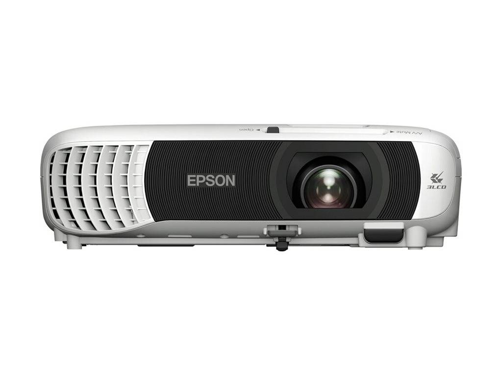 Ein weißer Epson-Projektor mit schwarzem Linsenbereich, von vorne betrachtet. Er hat ein schlankes Design und die Markenbezeichnung "Epson"" auf dem vorderen Bedienfeld.