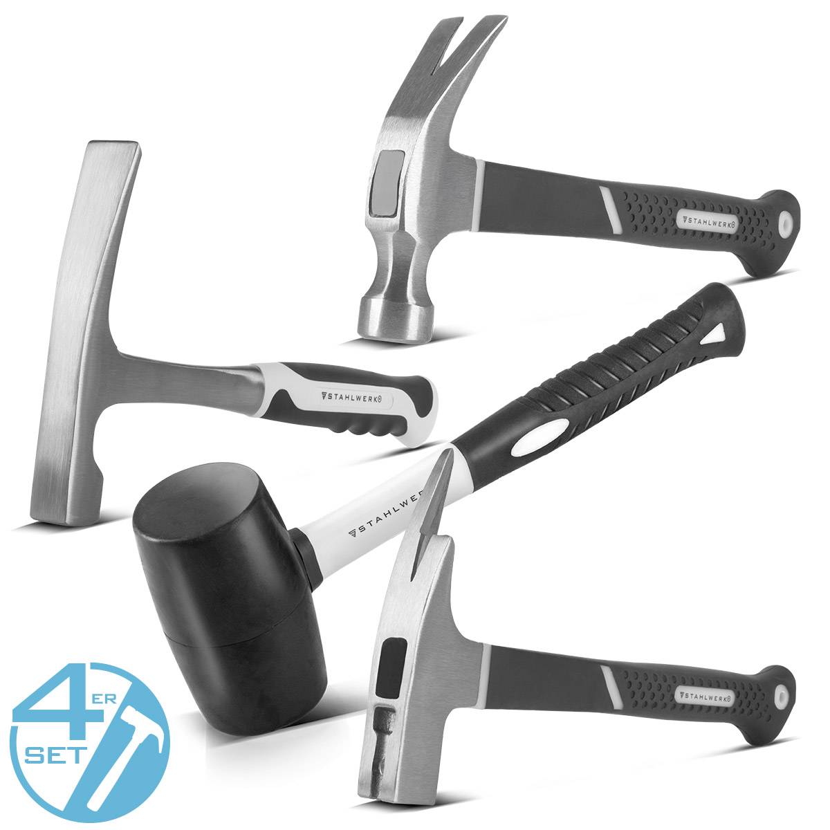 STAHLWERK Hammer 4er Set Klauenhammer, Maurerhammer, Latthammer und Gummihammer