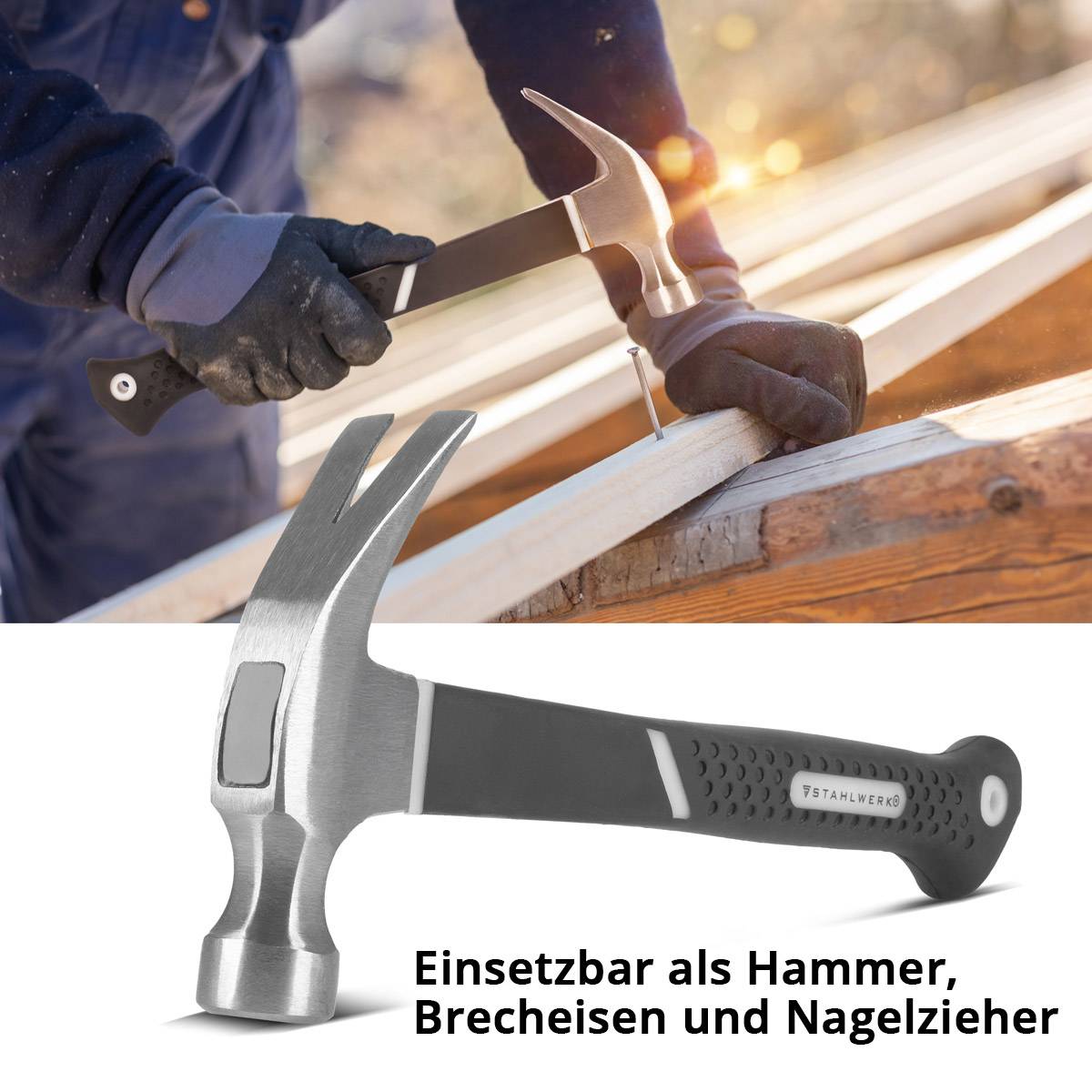STAHLWERK Klauenhammer 570 g Zimmermannshammer aus Carbon-Stahl mit TPR Griff