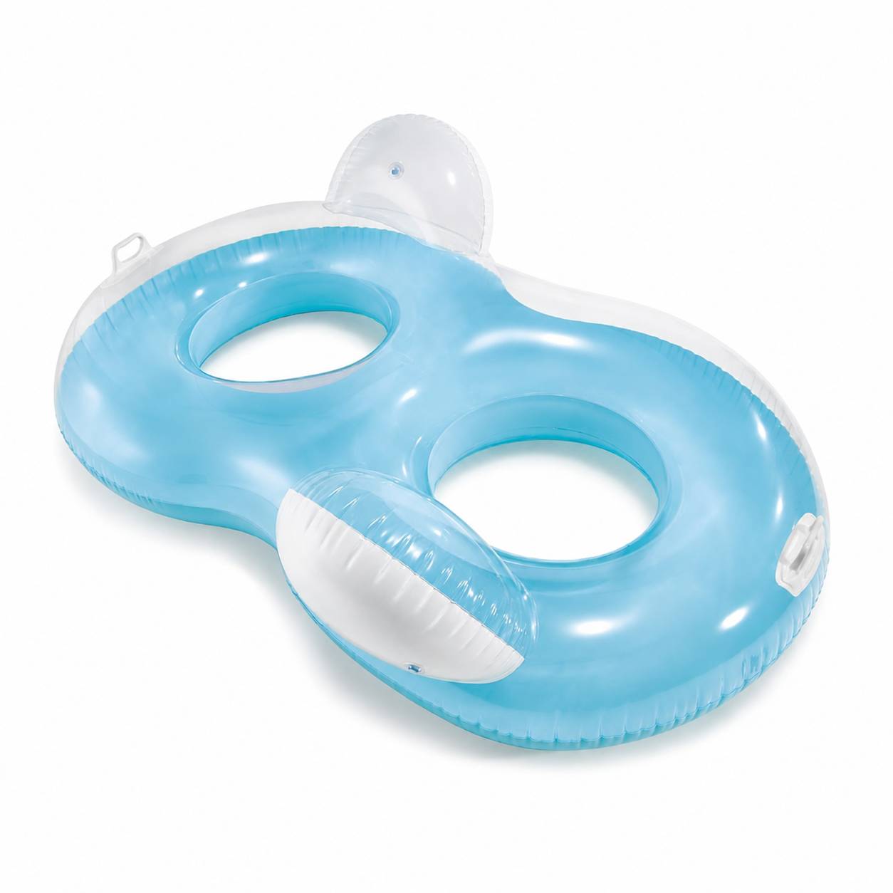 Blauer aufblasbarer Doppel-Schwimmring mit integrierter Kopfstütze und seitlichen Griffen, auf weißem Hintergrund gezeigt.