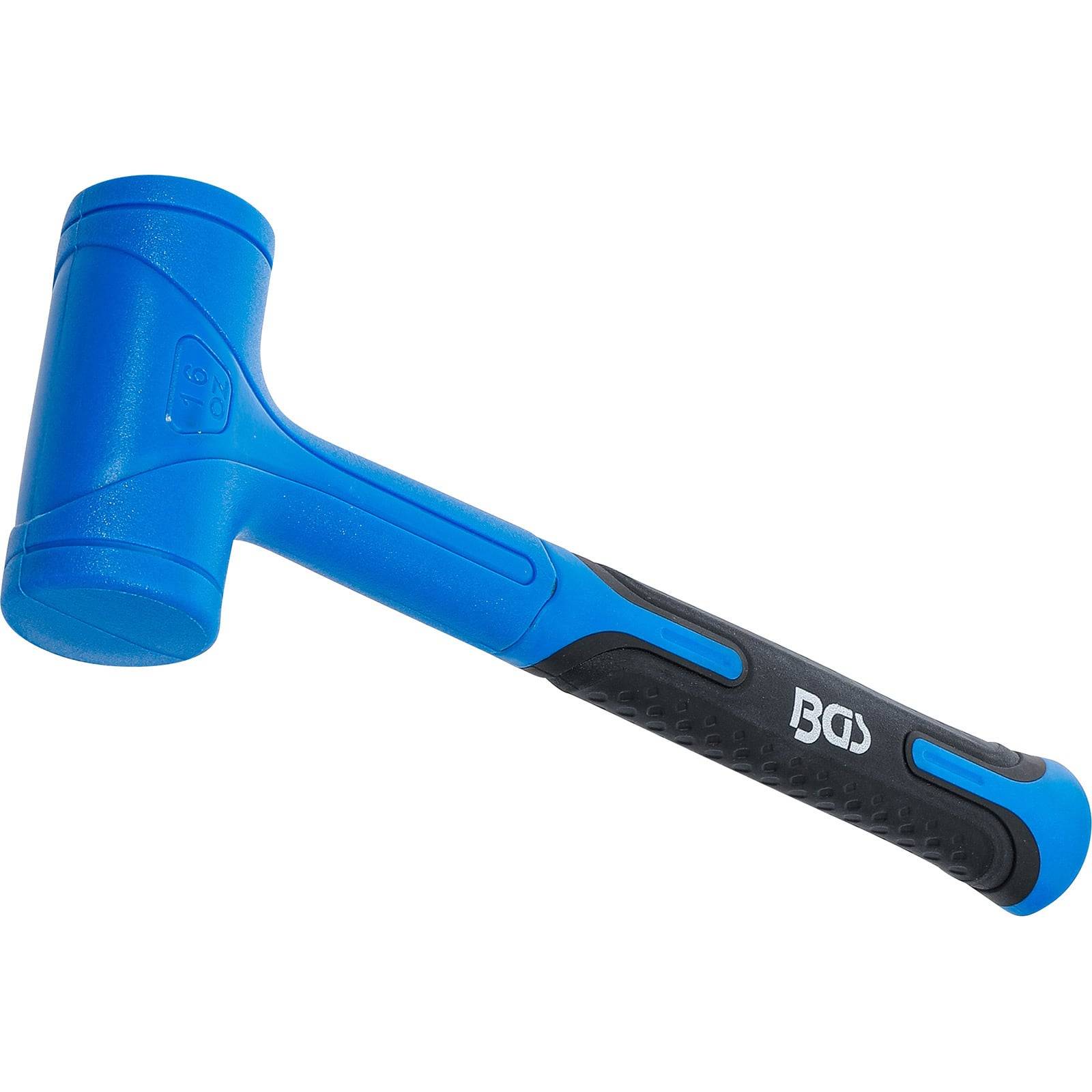 Ein blauer und schwarzer Gummihammer mit einem zylindrischen Kopf.