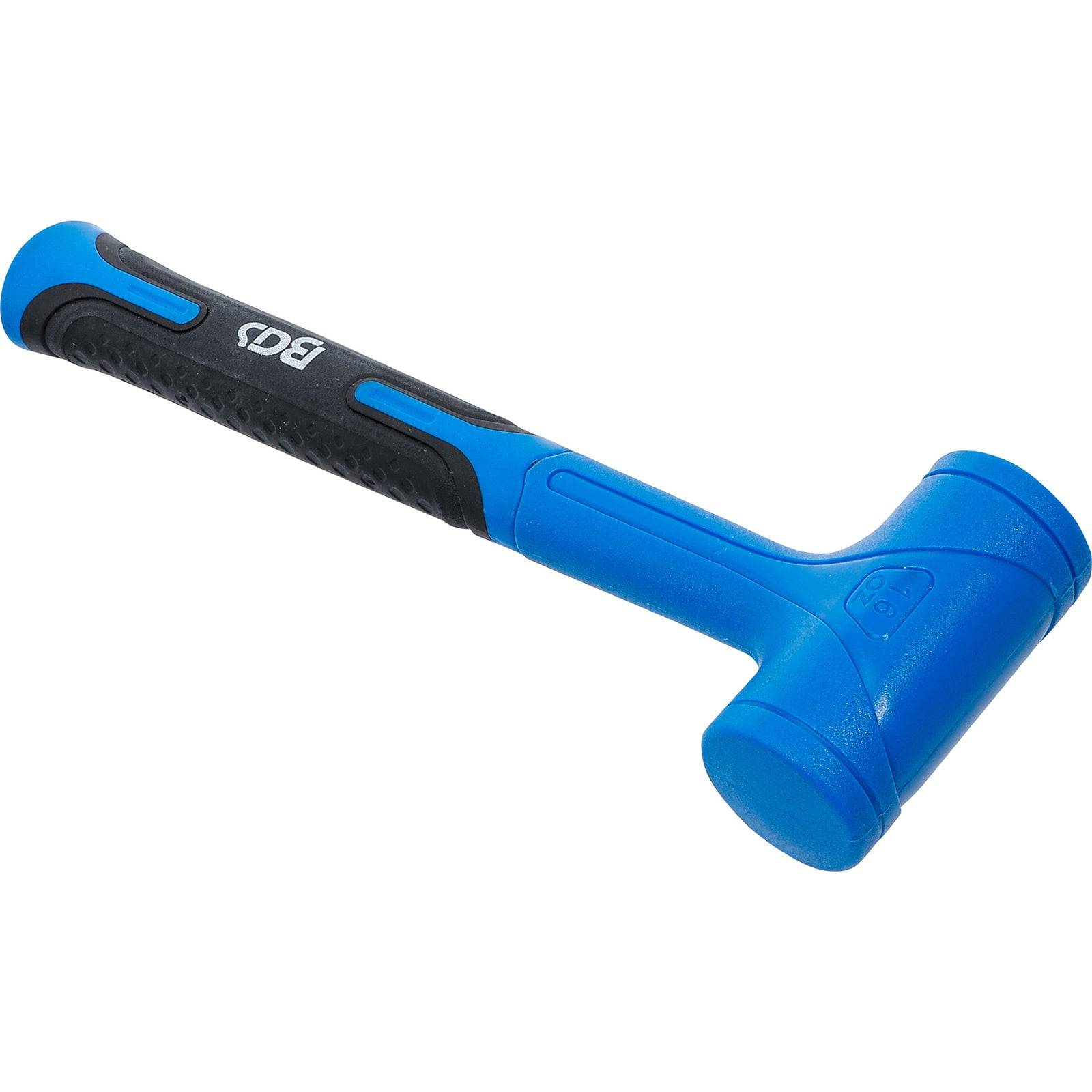 Ein blauer, gummierter Hammer mit einem schwarzen Griffgriff, der für nicht schädigende Anwendungen konzipiert ist und für empfindliche Aufgaben geeignet ist, die sanfte Krafteinwirkung erfordern.