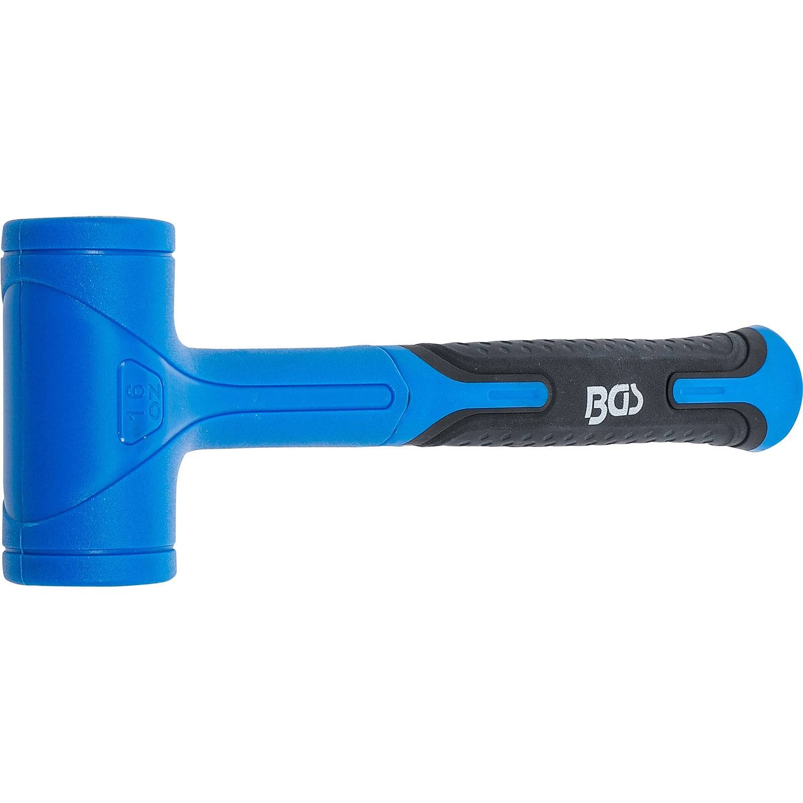 Ein blauer und schwarzer, nicht schädigender Schonhammer mit einem strukturierten Griffbereich, entwickelt für Präzisionsarbeiten ohne Beschädigung von Oberflächen.