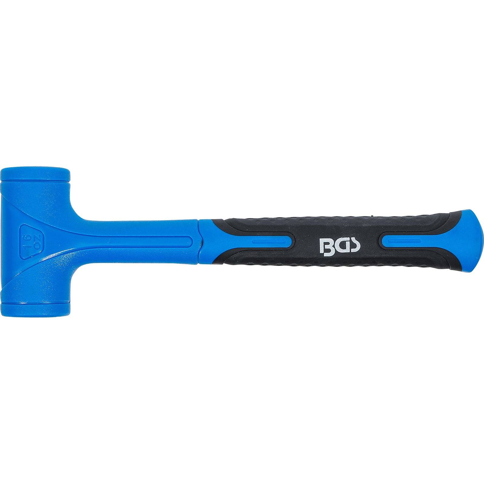 Ein blauer Plastikvorschlaghammer mit einem schwarzen Griff, versehen mit einem Logo.