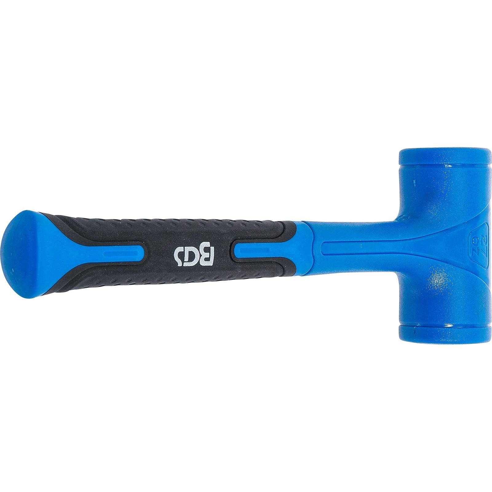 Ein blauer und schwarzer Gummihammer mit Doppelkopf-Design, ausgestattet mit einem strukturierten Griff für besseren Halt und den Buchstaben 'BGS' an der Seite.