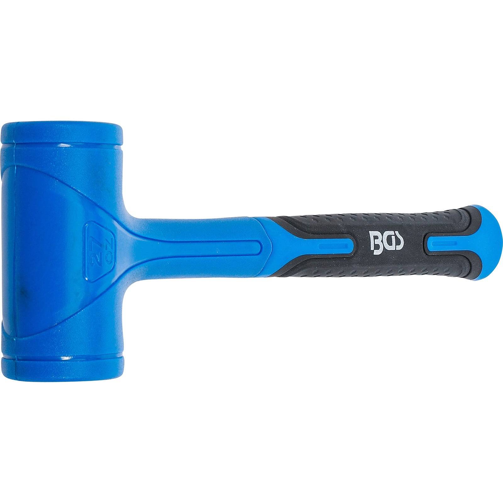 Ein blau-schwarzer Gummihammer mit strukturiertem Griff und flacher Schlagfläche, entwickelt für nicht schädigende Anwendungen bei Bau- oder Reparaturarbeiten.