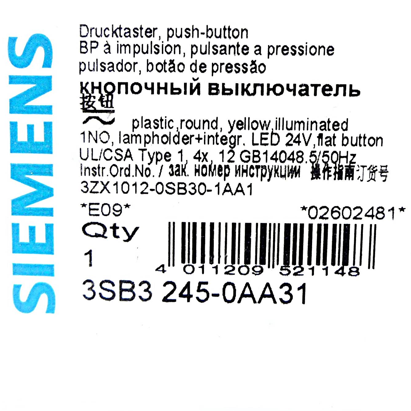Siemens Drucktaster gelb (3SB3245-0AA31)