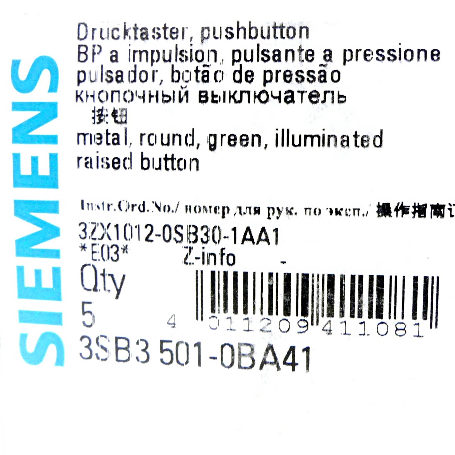 Siemens 5 Stück Drucktaster grün (3SB3501-0BA41)
