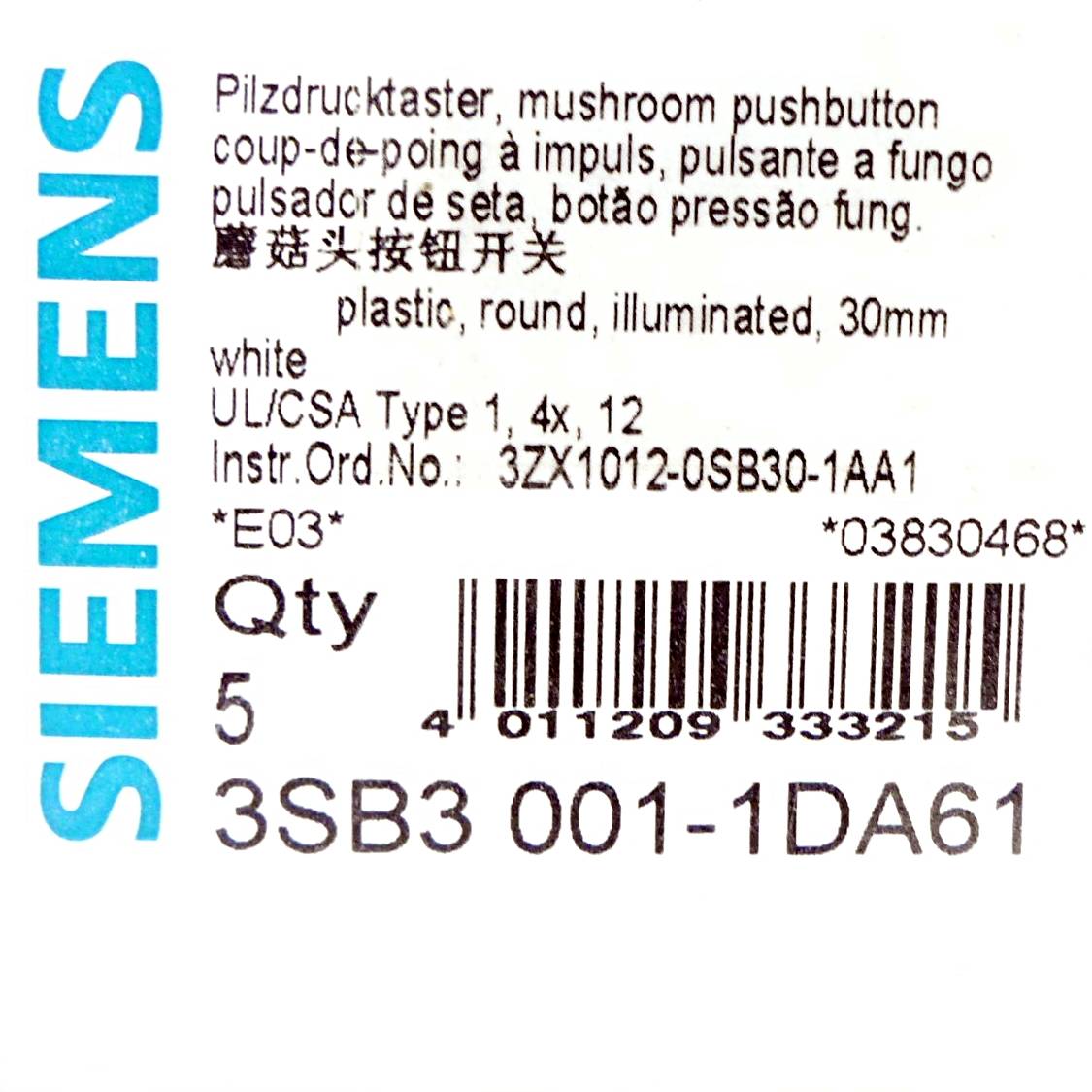 Siemens 5 Stück Pilzdrucktaster weiß (3SB3001-1DA61)