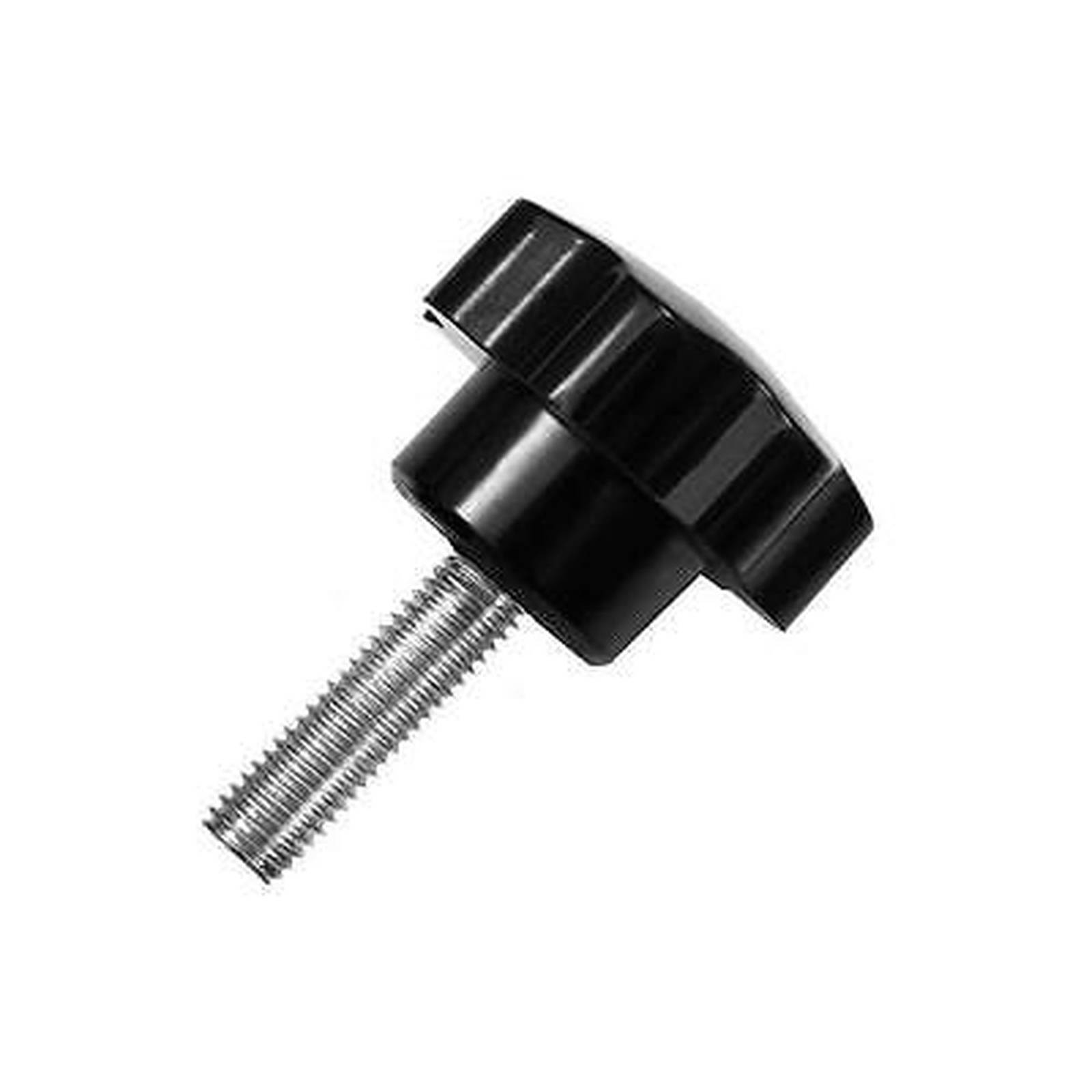 Ein schwarzer Sternknopf mit einem Metallgewindestift, der nach unten ragt und zum Befestigen oder Einstellen von Geräten verwendet wird.