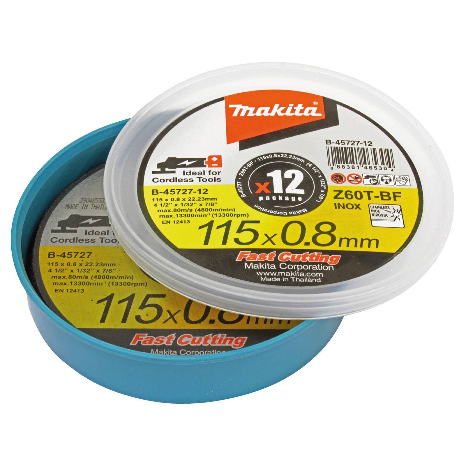 Kreissägeblatt mit 'Makita' Branding, gekennzeichnet als '115x0,8mm Schnellschnitt', ideal für akkubetriebene Werkzeuge, 12er-Pack, Typ 'Z60T-BF'.