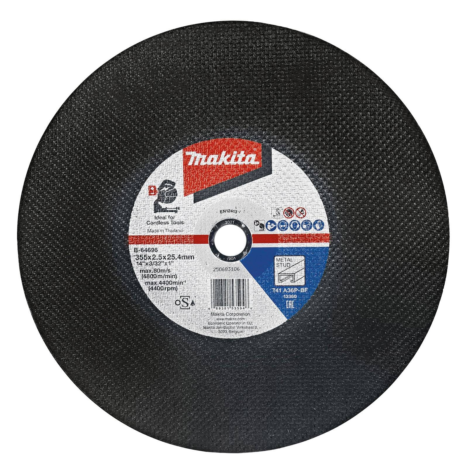 Makita Metalltrennscheibe, 355 x 3 x 25,4 mm, maximal 4400 U/min, verstärkt, kunstharzverstärkt, für den Einsatz an stationären Maschinen.