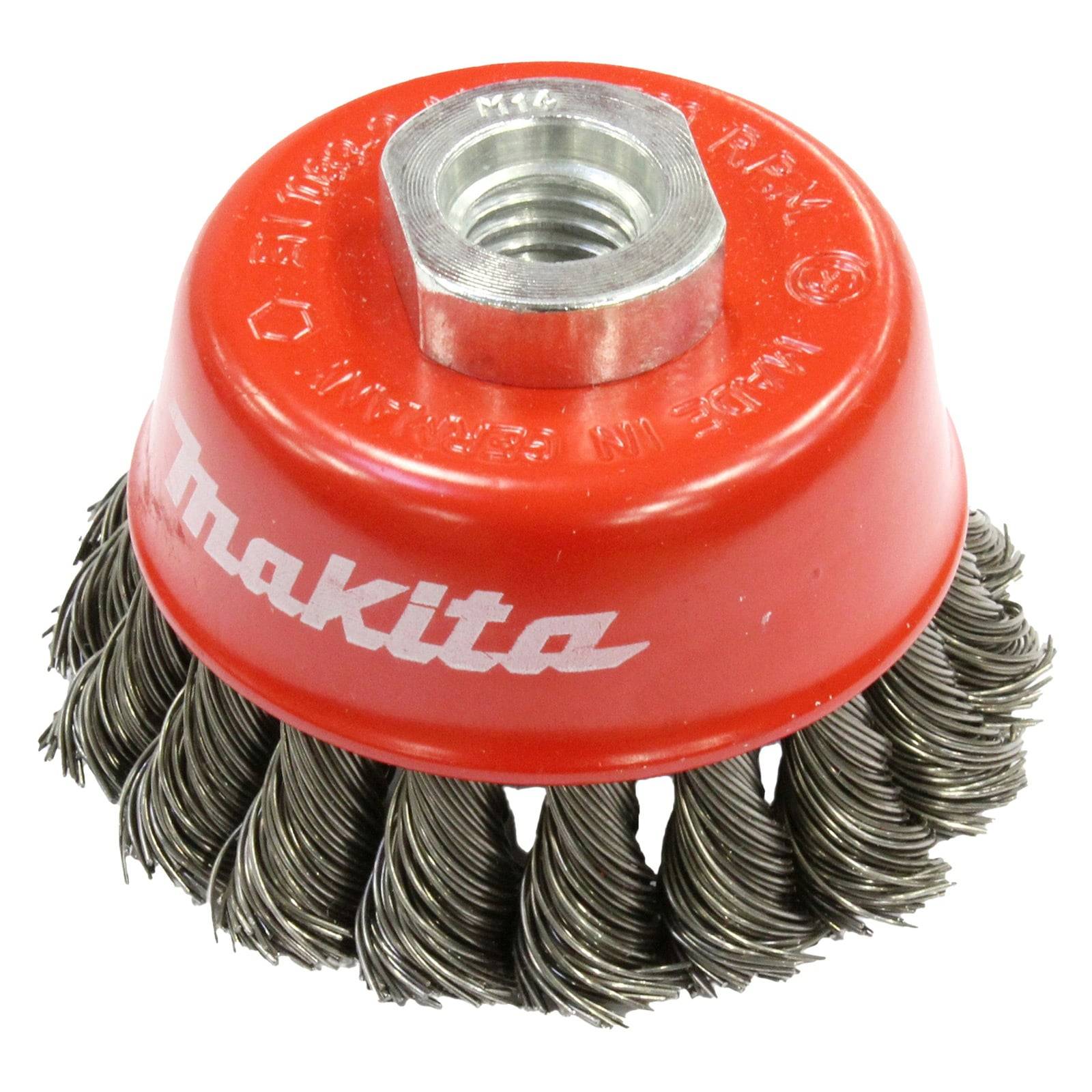 Ein roter Makita Drahtscheibenbürste mit verdrehten Stahlborsten, verwendet zum Reinigen oder Entfernen von Rost und Farbe von Oberflächen, mit einem zentralen Gewindeloch.