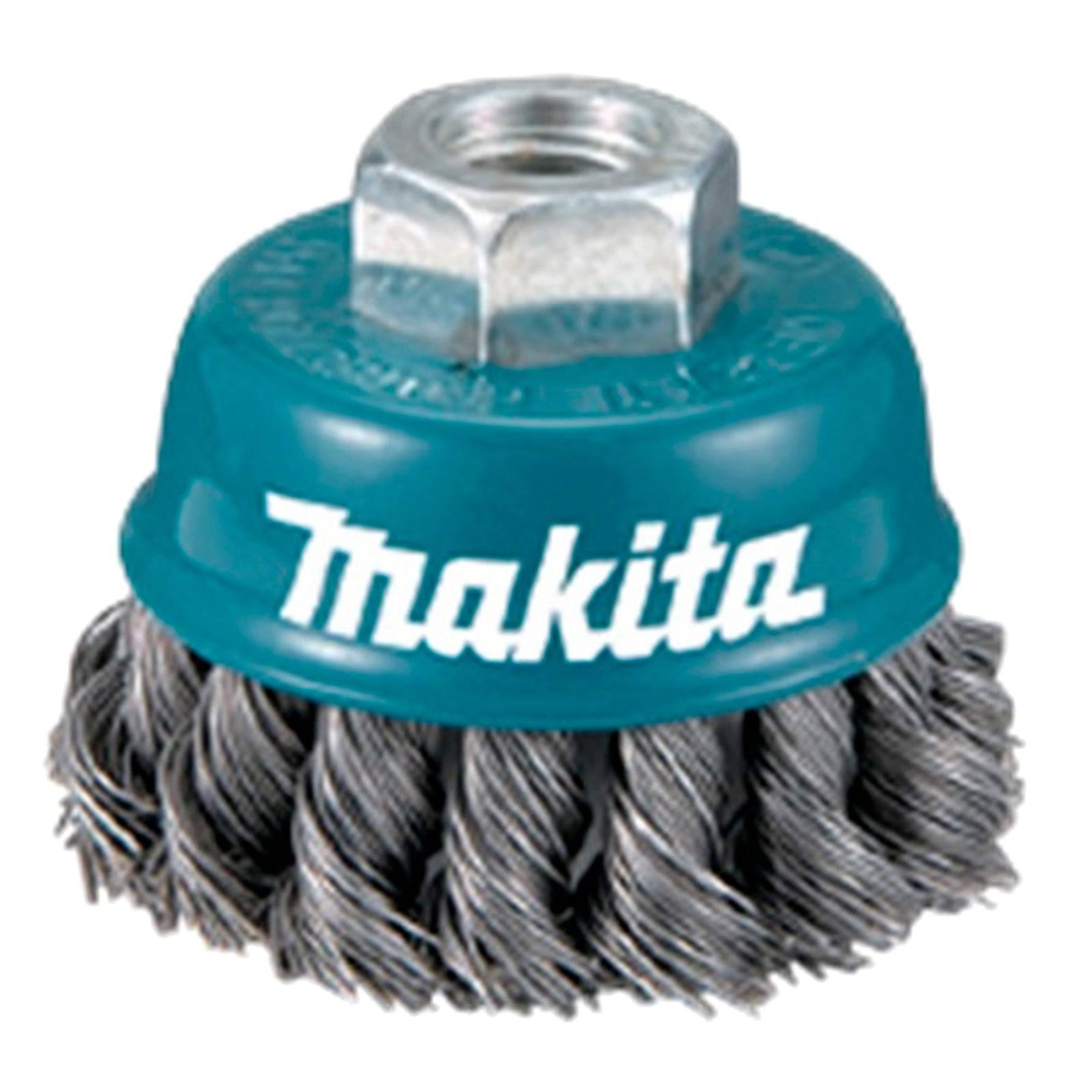 Ein türkisfarbener Makita Drahtscheibenbürste mit einer zentralen Mutter, konzipiert für robuste Reinigung oder Oberflächenbearbeitung an Metall.