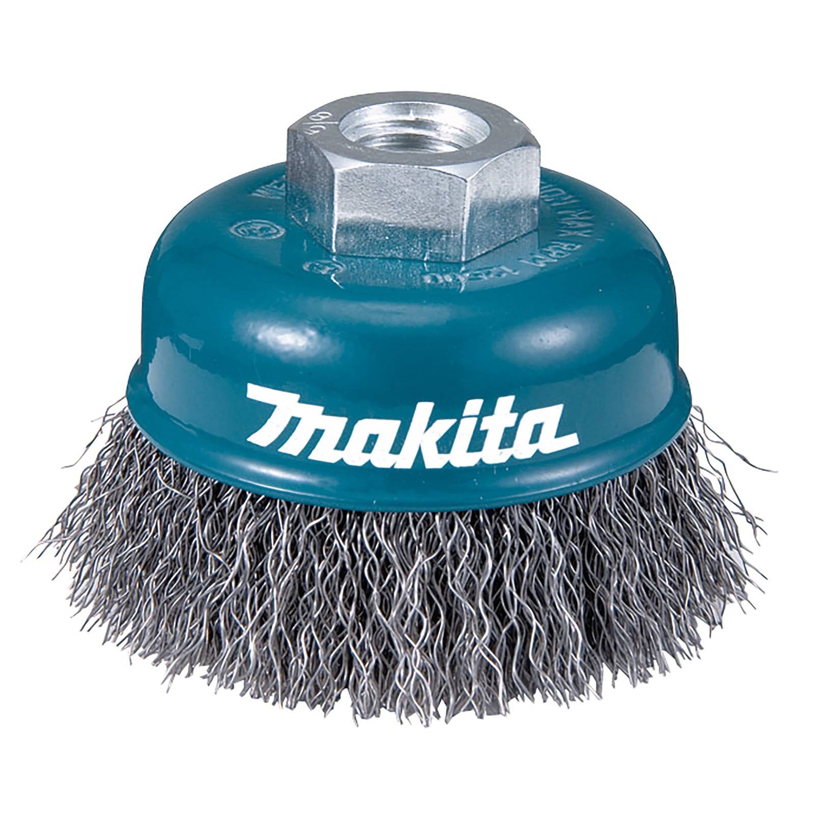 Drahtkelchbürste mit Gewindekopf, mit der Aufschrift 'Makita', zum Reinigen oder Entgraten von Oberflächen.