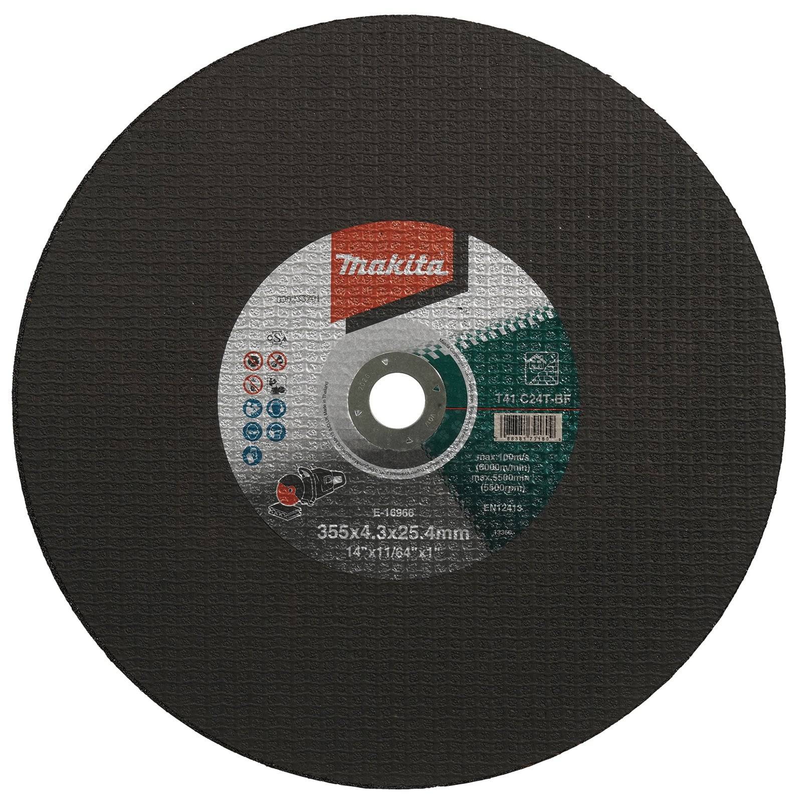 Trennscheibe mit der Beschriftung 'Makita' und Spezifikationen: 355 mm x 4,3 mm. Schwarze Oberfläche mit metallischem Zentrum. Wird zum Schneiden von Materialien verwendet.