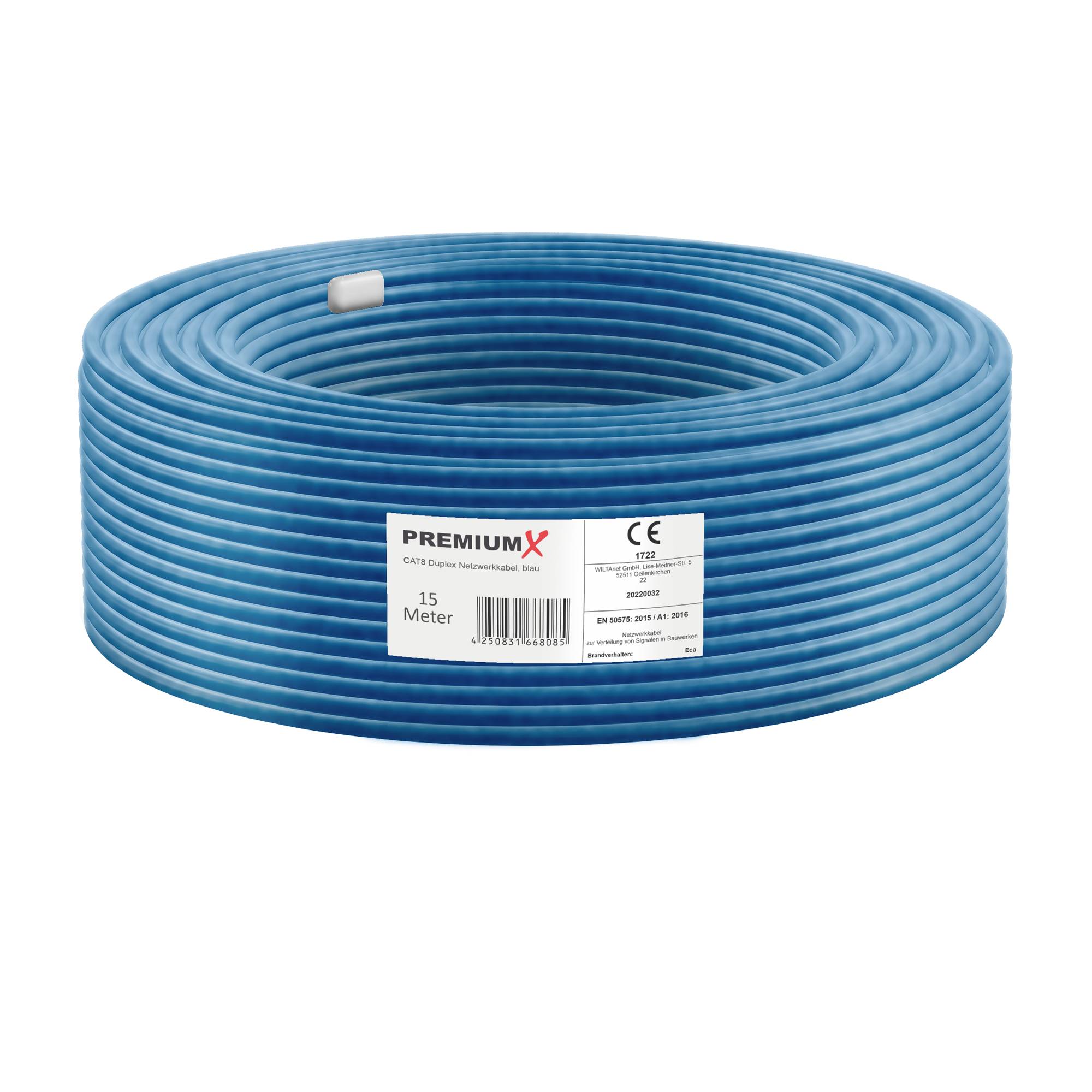 PremiumX 15m CAT 8 Netzwerkkabel LAN Kabel Verlegekabel Ethernet Cat8 Installationskabel 40 Gbit/s AWG 22 reines Kupfer S/FTP PiMF PoE Eca Klasse