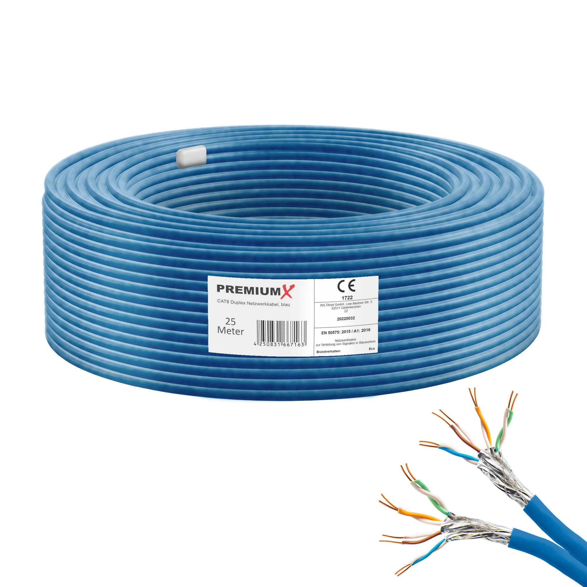 PremiumX 25m CAT 8 Verlegekabel | 40Gbit 2000MHz | S/FTP PIMF AWG22 Reinkupfer | Eca LSZH FRNC Halogenfrei | Profi LAN Netzwerk Datenkabel Duplex