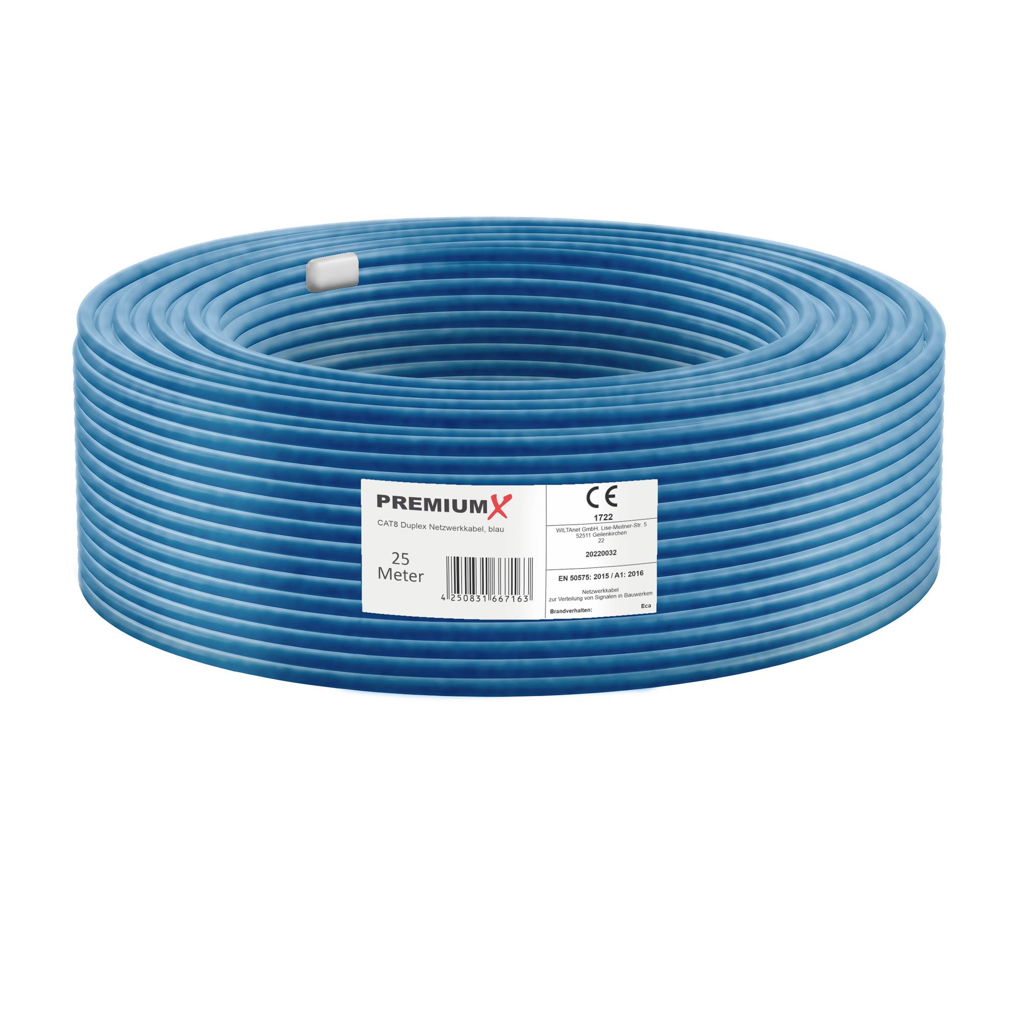 PremiumX 25m CAT 8 Verlegekabel | 40Gbit 2000MHz | S/FTP PIMF AWG22 Reinkupfer | Eca LSZH FRNC Halogenfrei | Profi LAN Netzwerk Datenkabel Duplex