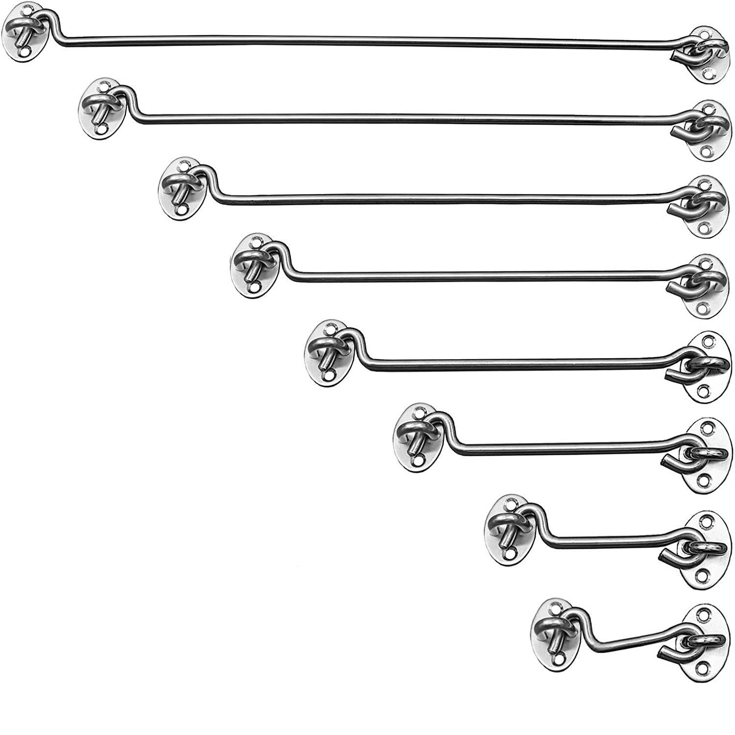 Sechs Haken- und Ösenriegel aus Edelstahl, von unten nach oben in der Größe zunehmend, diagonal auf weißem Hintergrund angeordnet.