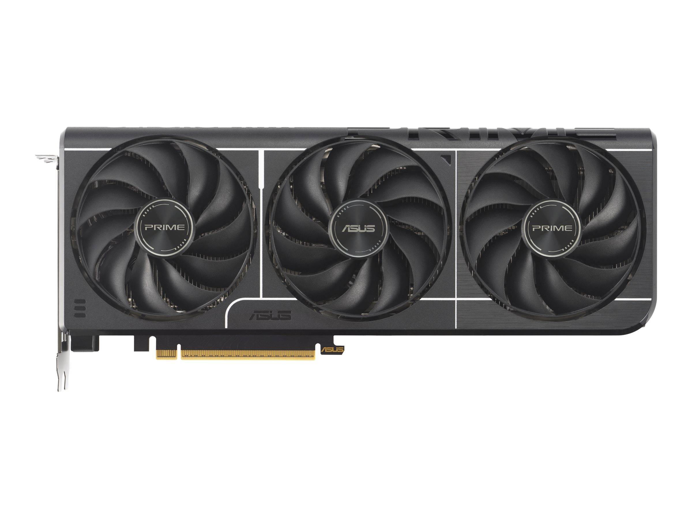 Schwarze ASUS Prime-Grafikkarte mit drei Kühlventilatoren auf weißem Hintergrund.
