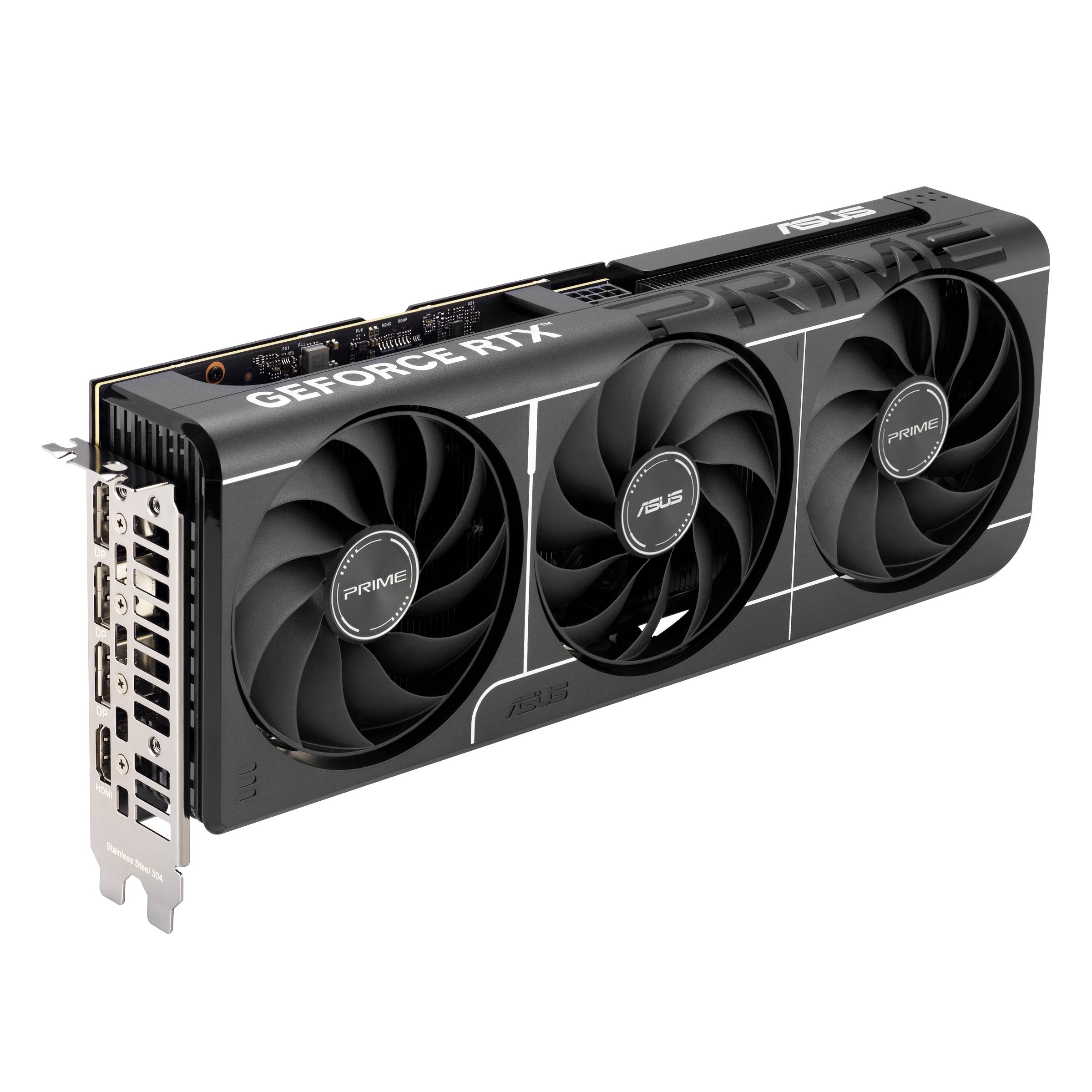 ASUS GeForce RTX PRIME Grafikkarte mit drei Kühlventilatoren, gezeigt auf schwarzem Hintergrund.