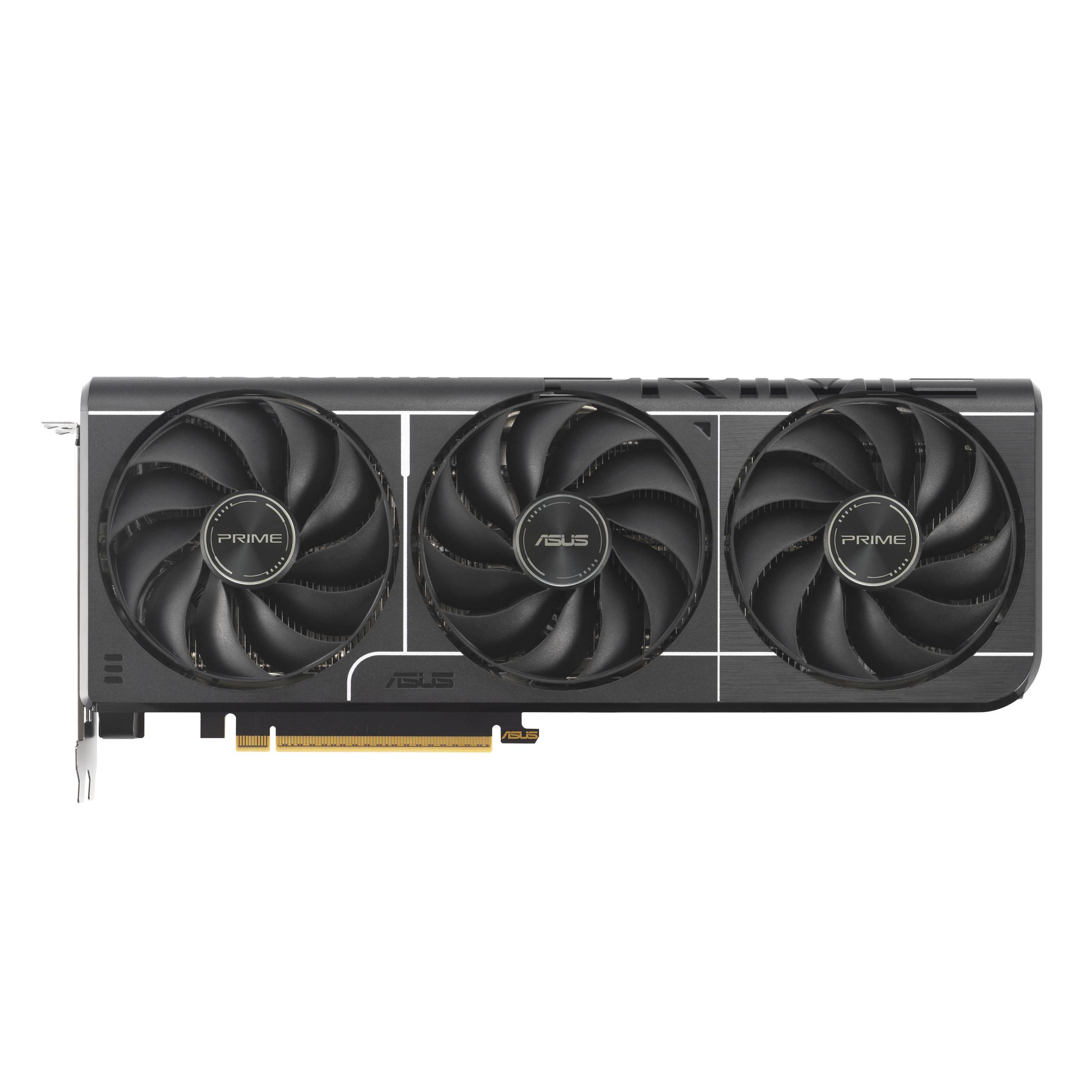 ASUS Prime Grafikkarte mit drei Lüftern, von der Seite auf schwarzem Hintergrund dargestellt.