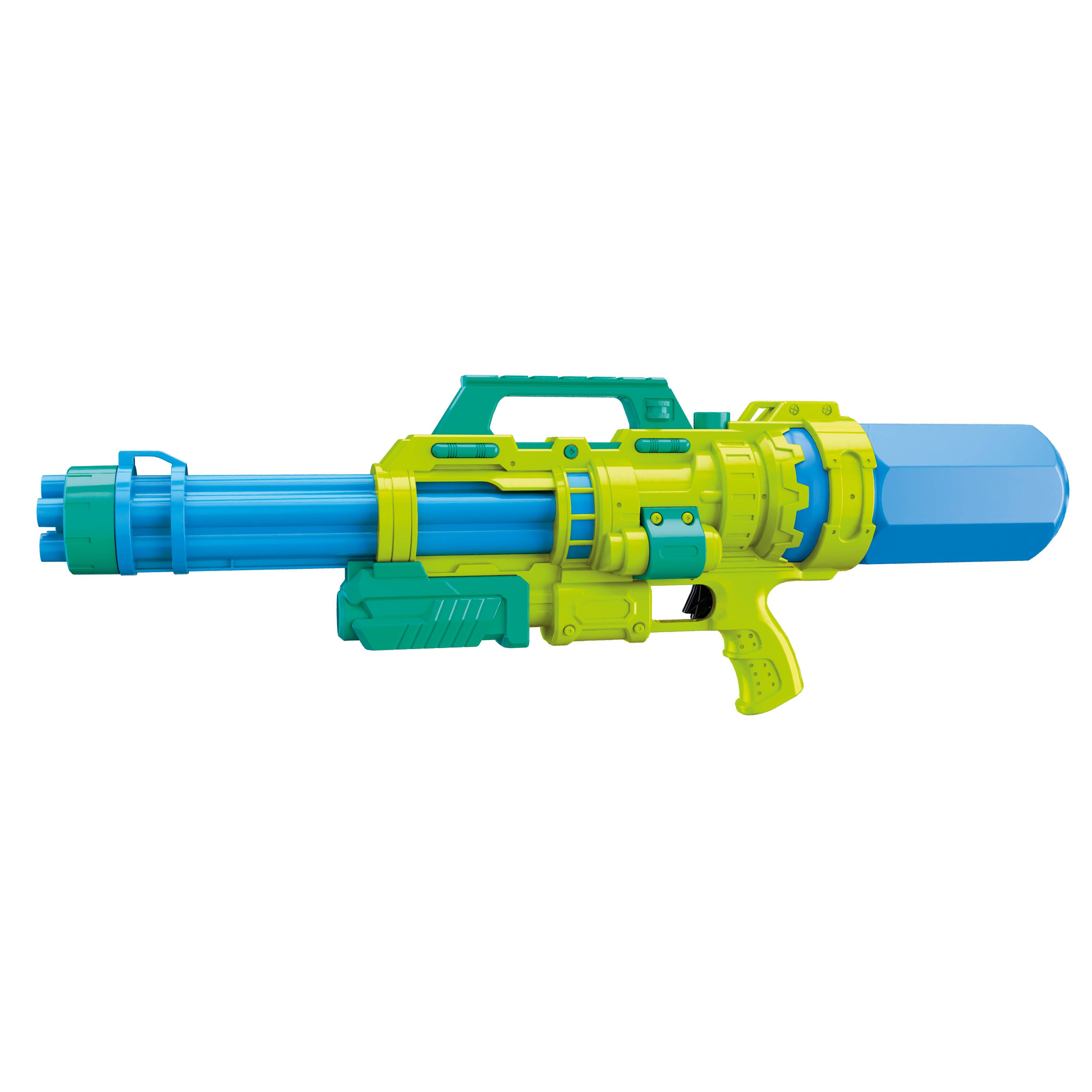 Eine farbenfrohe Spielzeug-Wasserpistole mit einem leuchtend blauen Lauf und grünen Akzenten, entworfen für Outdoor-Spiele und Wasseraktivitäten von Kindern.