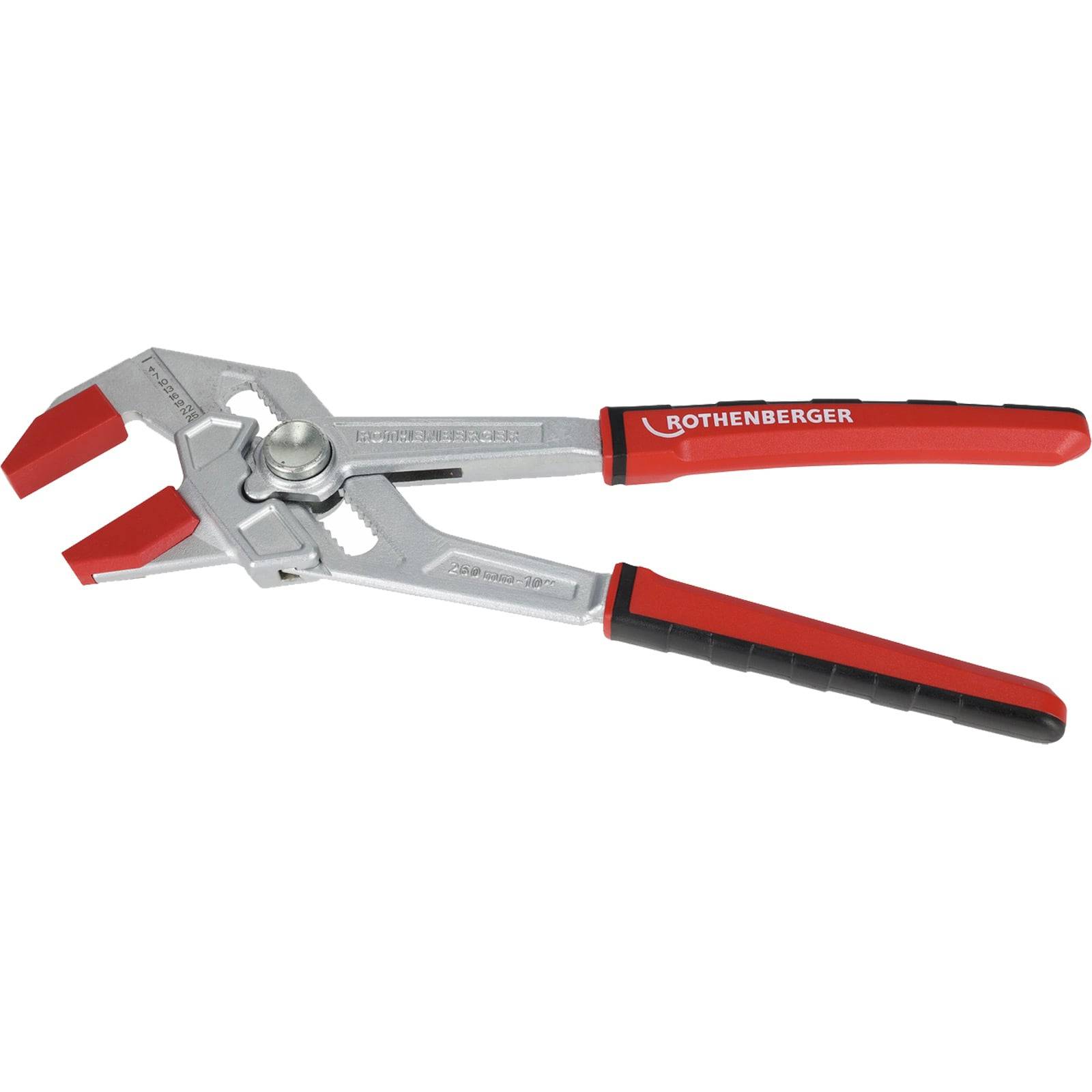 Verstellbare Zange mit rotem Griff und Metallfangbacken, konzipiert für präzises Greifen bei Klempner- und mechanischen Arbeiten. Markenname auf dem Griff sichtbar.