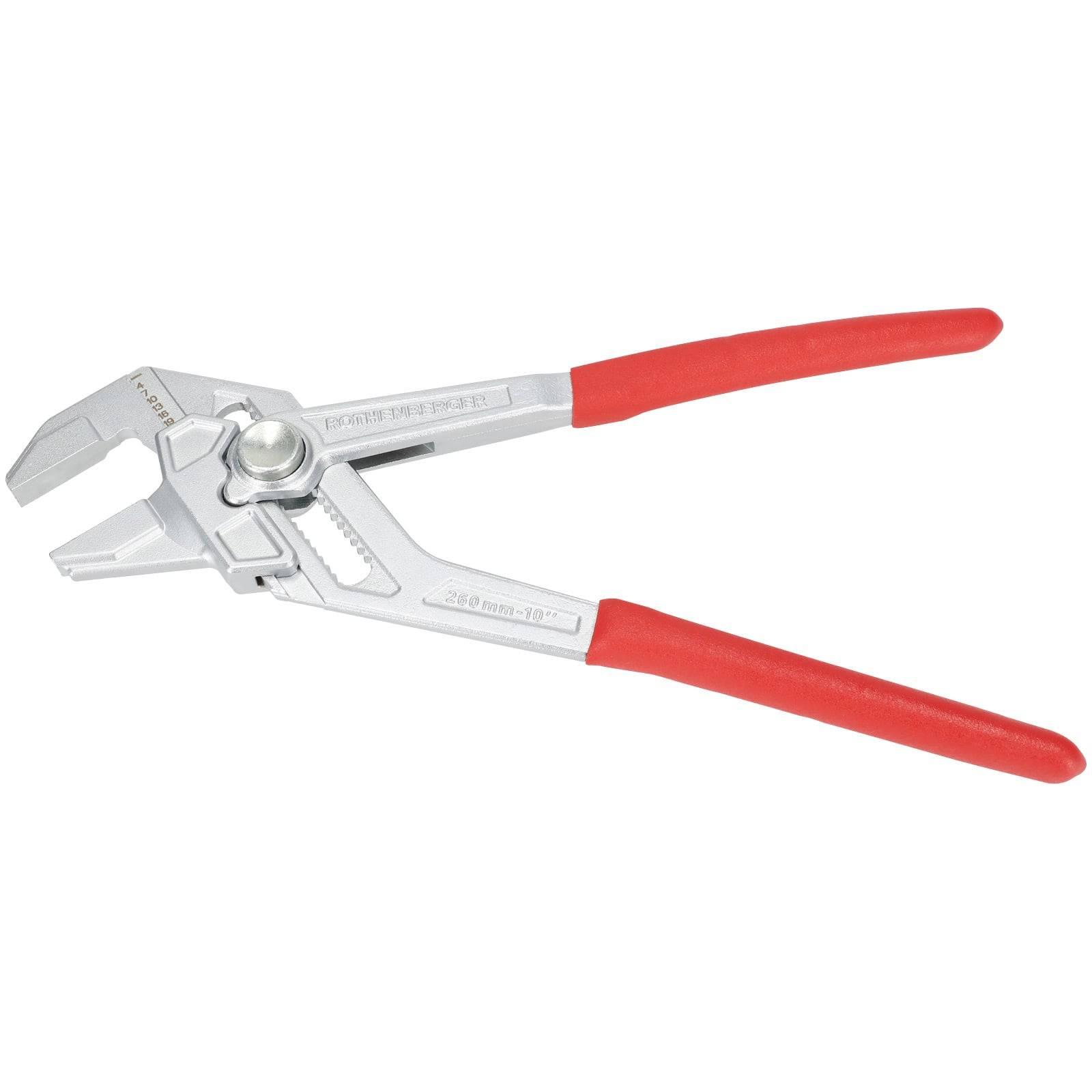 Verstellbare Zange mit roten Griffen und glänzender Metalloberfläche, entwickelt zum Greifen und Drehen von Objekten unterschiedlicher Größen.