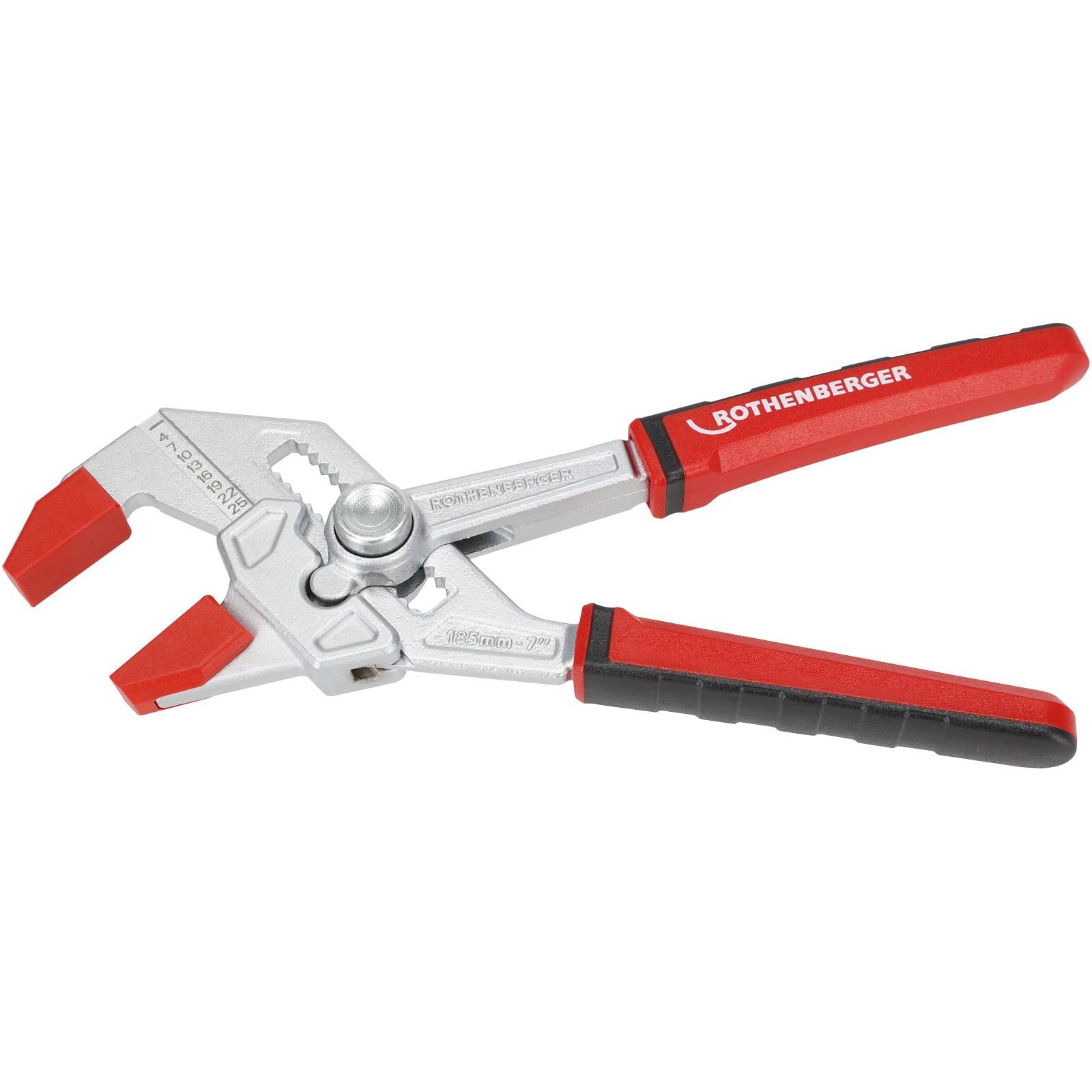 Rote und silberne verstellbare Zangen mit robustem Griff, auf dem Griff mit ‚ROTHENBERGER' beschriftet, zum Greifen und Drehen entwickelt.
