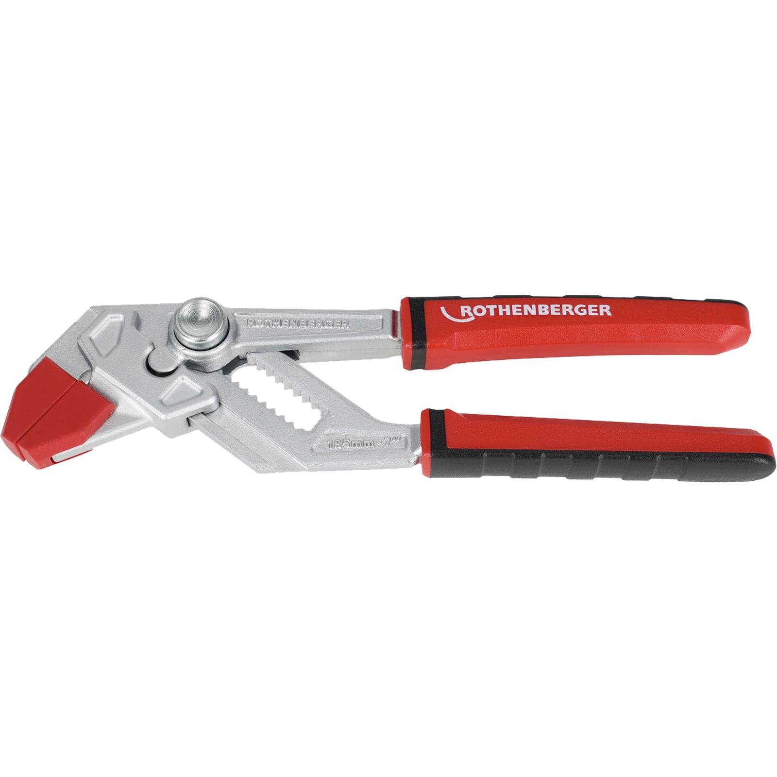 Rote und silberne verstellbare Zangen mit dem Schriftzug 'ROTHENBERGER' am Griff, ausgestattet mit einem Gummigriff für verbesserte Handhabung.