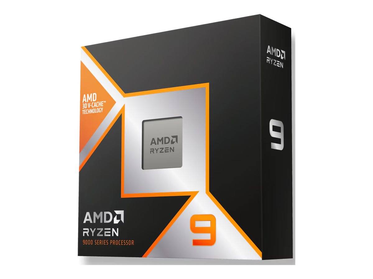 AMD Ryzen 9 9000er-Serie-Prozessor Einzelhandelsverpackung, schwarze und silberne Verpackung mit orangefarbenen Akzenten und großem „9