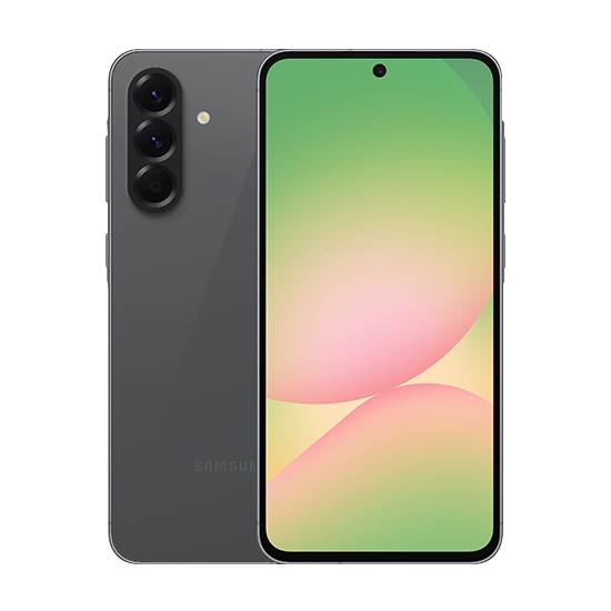 Dunkelgraues Samsung-Smartphone von vorne und hinten gezeigt, mit dreifacher Rückkamera und einem Loch-Display auf einem farbenfrohen Gradientenhintergrund.