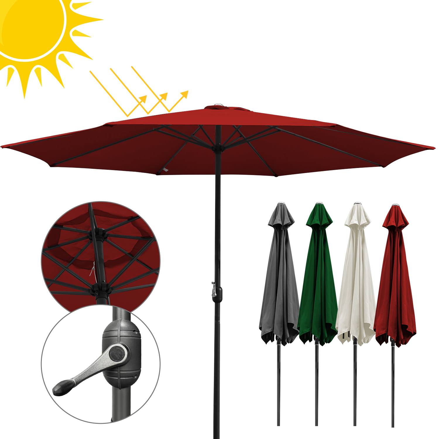Ø3.5m Sonnenschirm Schirm UV40+ Gartenschirm Solar Garten 4 Farben,Rot
