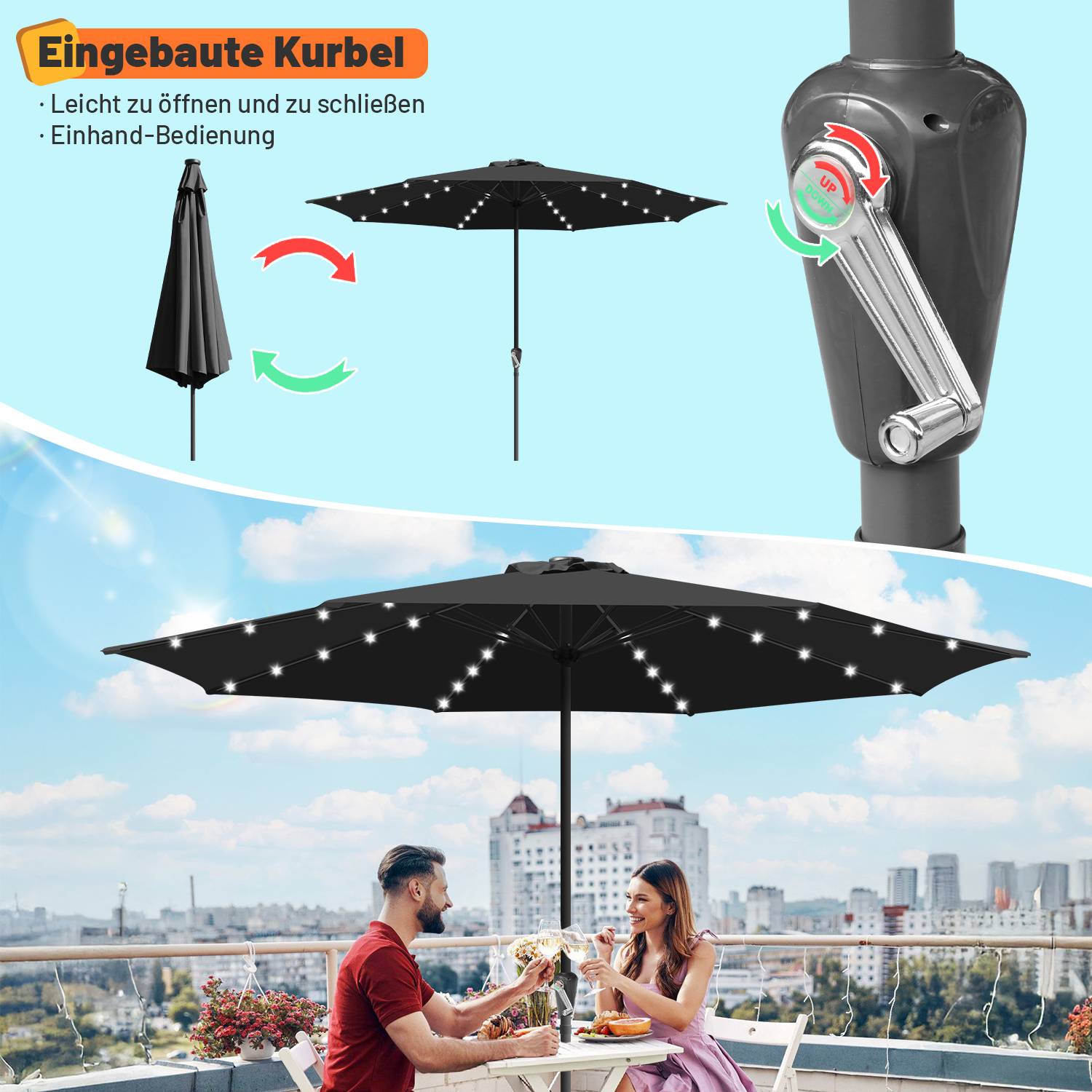 Ø350cm Sonnenschirm Schirm UV40+ Gartenschirm Terrasse Garten UV-Schutz LED Solar,Beige