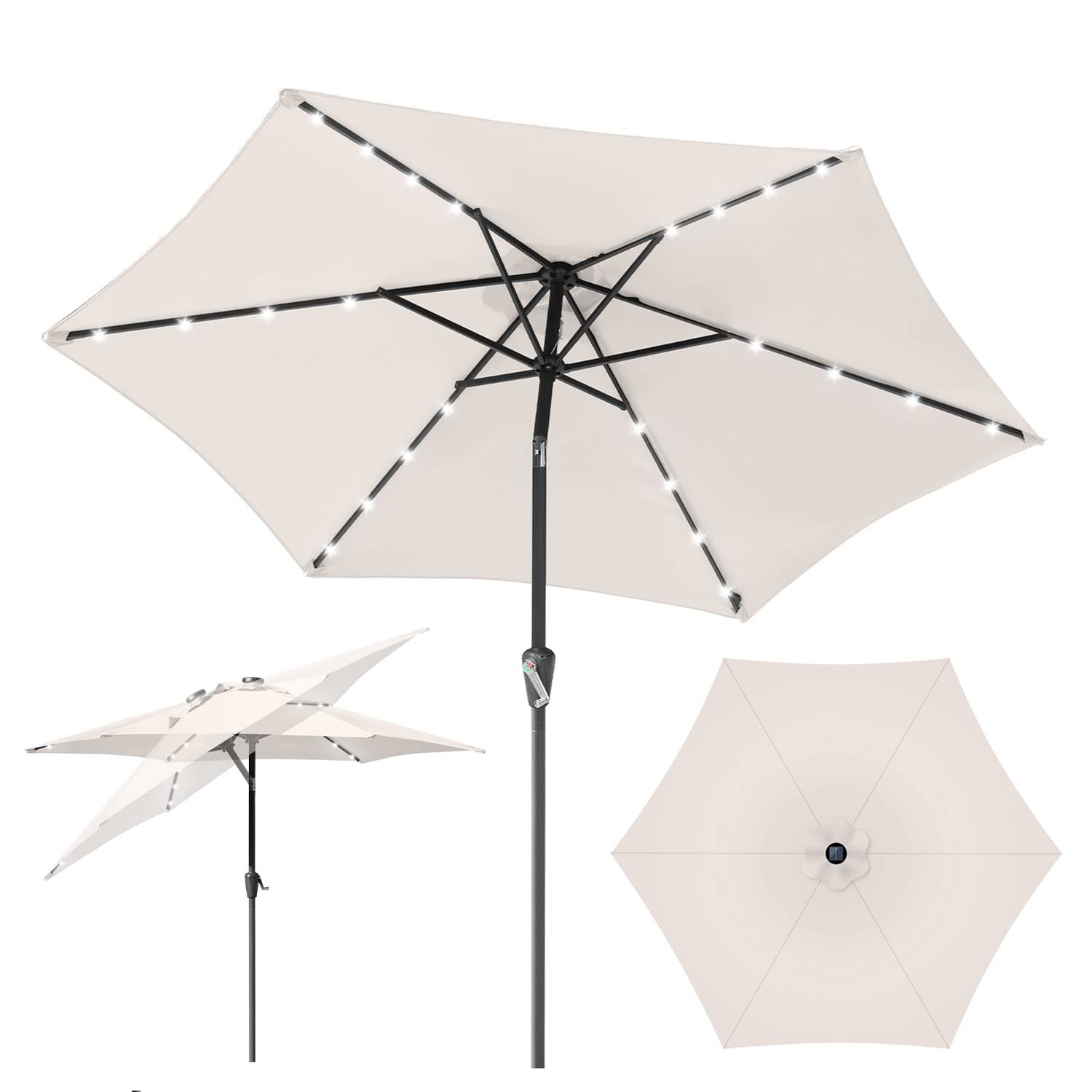 Ø2.7m Sonnenschirm Schirm UV40+ Gartenschirm Solar Garten LED 4 Farben mit Kurbel,Beige