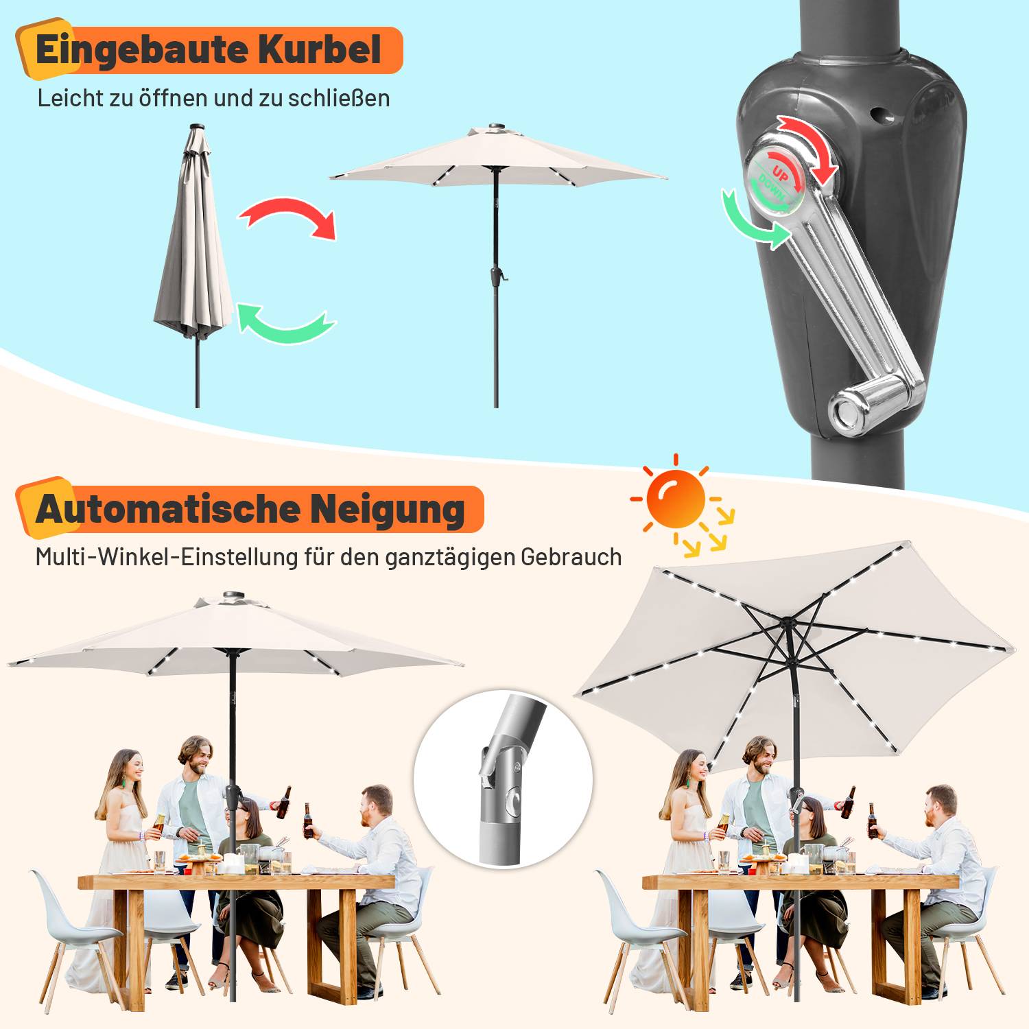 Ø2.7m Sonnenschirm Schirm UV40+ Gartenschirm Solar Garten LED 4 Farben mit Kurbel,Beige
