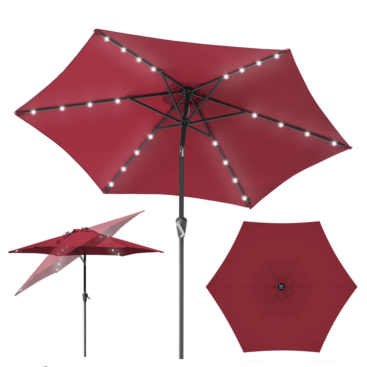 Ø2.7m Sonnenschirm Schirm UV40+ Gartenschirm Solar Garten LED 4 Farben mit Kurbel,Rot