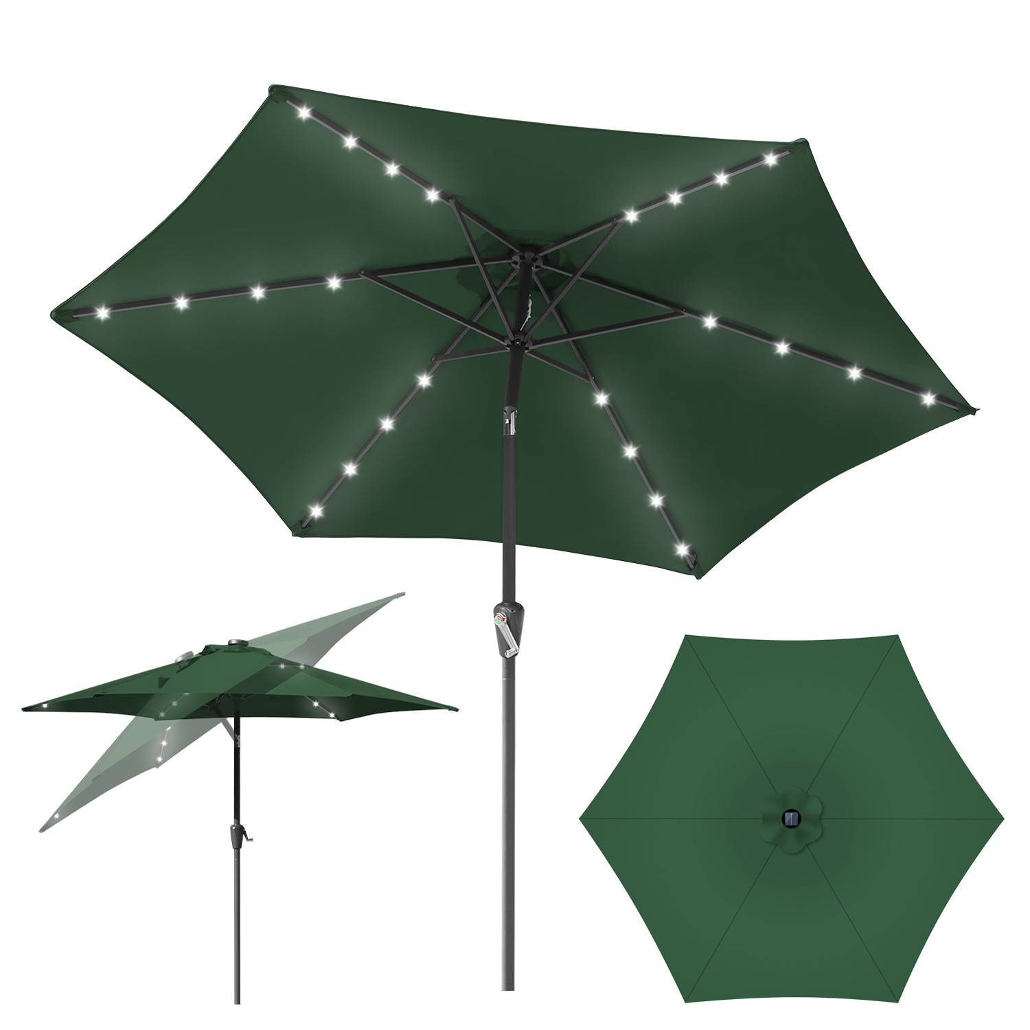 Ø2.7m Sonnenschirm Schirm UV40+ Gartenschirm Solar Garten LED 4 Farben mit Kurbel,Grün