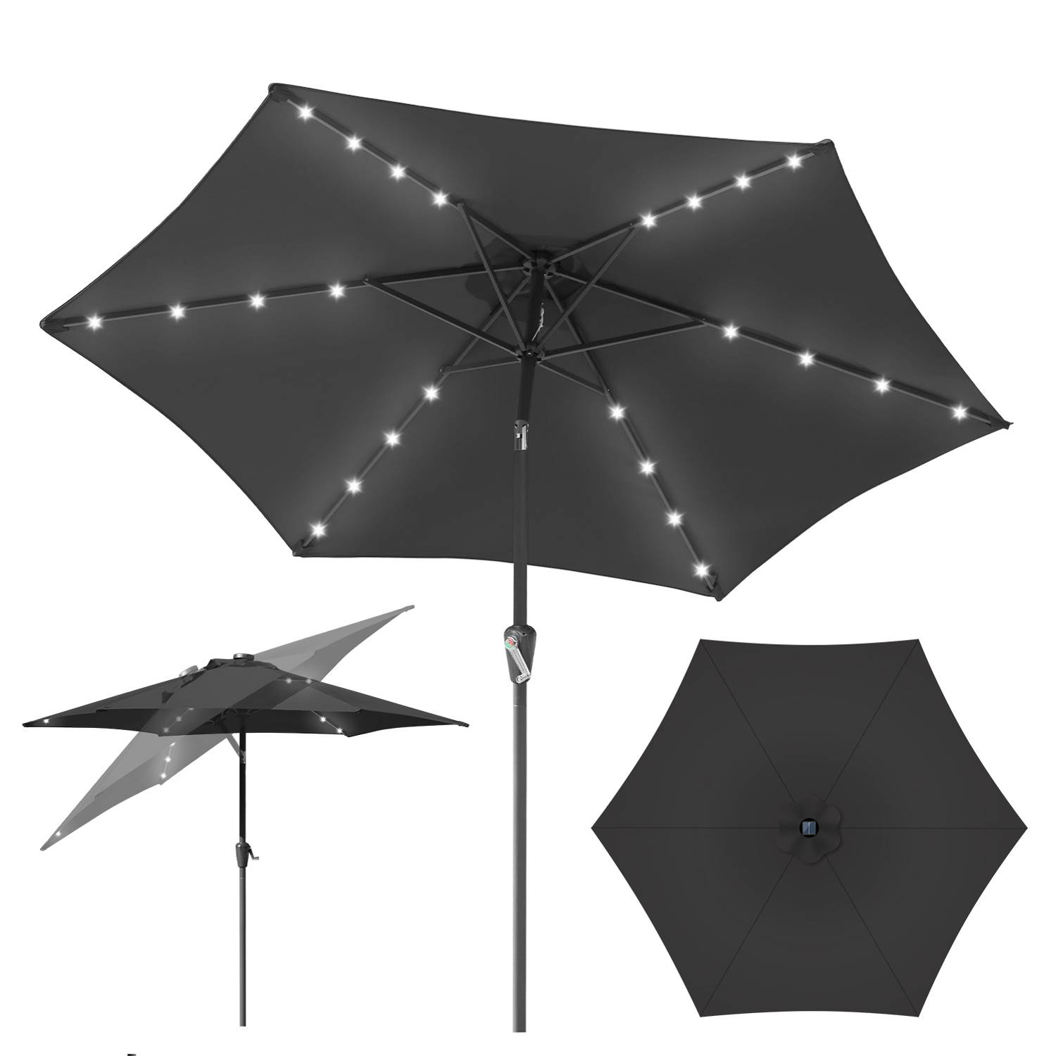 Ø2.7m Sonnenschirm Schirm UV40+ Gartenschirm Solar Garten LED 4 Farben mit Kurbel,Grau