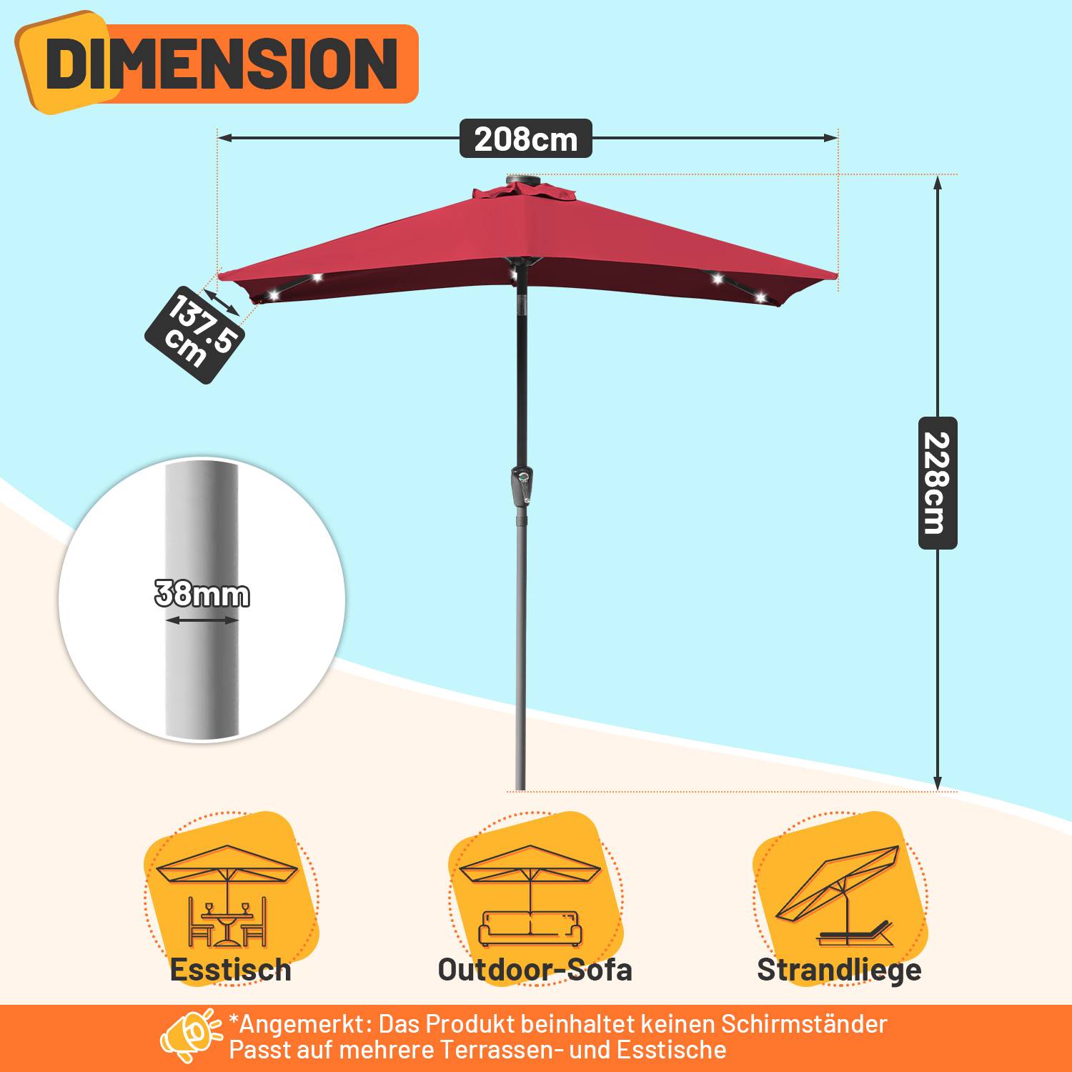 Sonnenschirme Balkonschirm 210 x 140 cm Rechteckig Kippbar Höhenverstellbar mit Kurbel,Rot