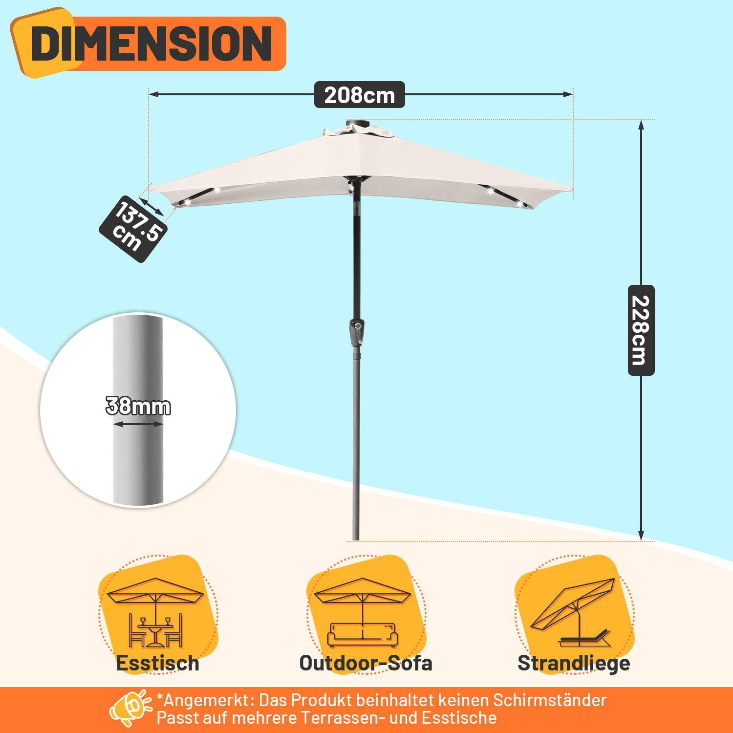 Sonnenschirme Balkonschirm 210 x 140 cm Rechteckig Kippbar Höhenverstellbar mit Kurbel,Beige