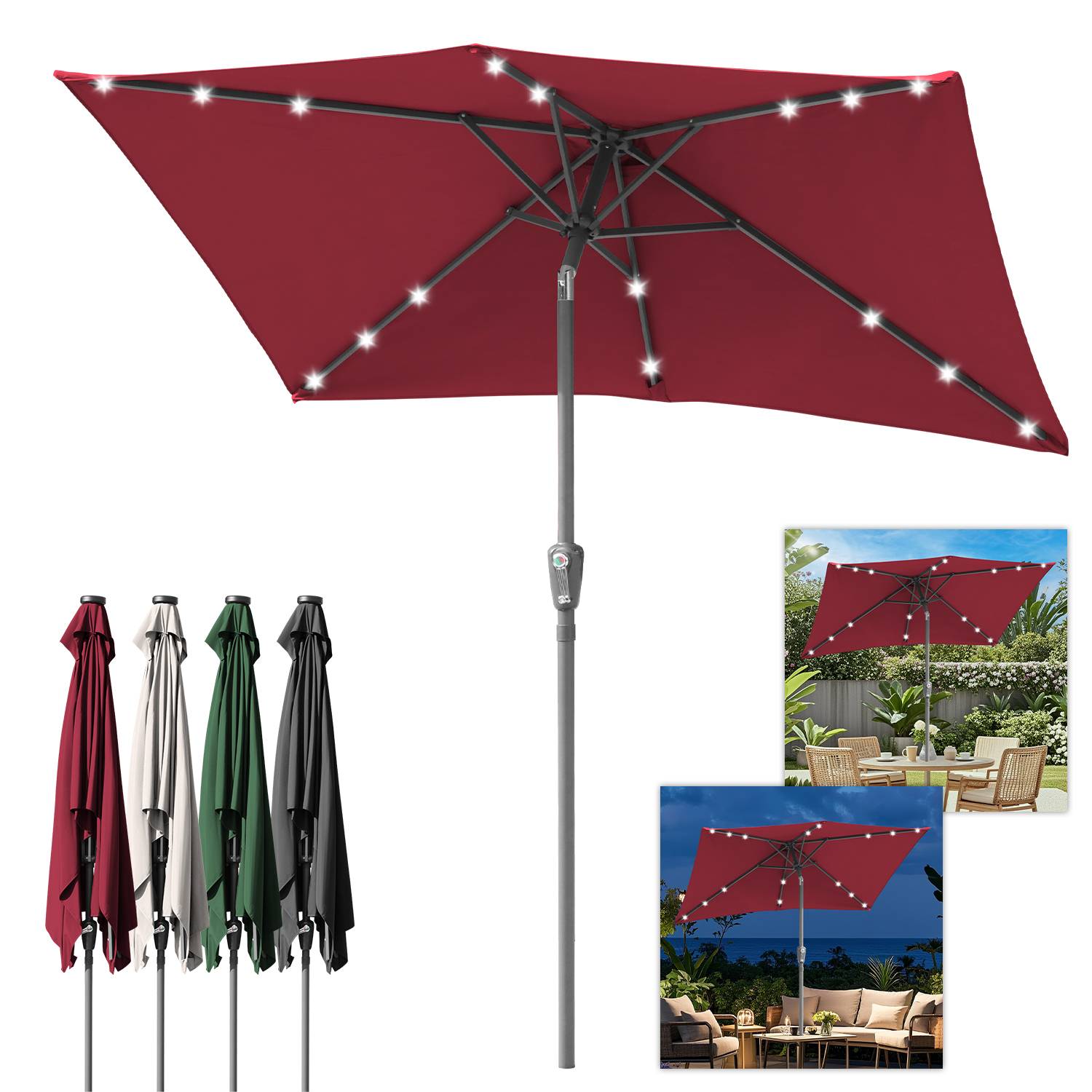 Sonnenschirm 200 x 300cm Gartenschirm Knickbarer Marktschirm Kurbelschirm mit Kurbelvorrichtung,Rot