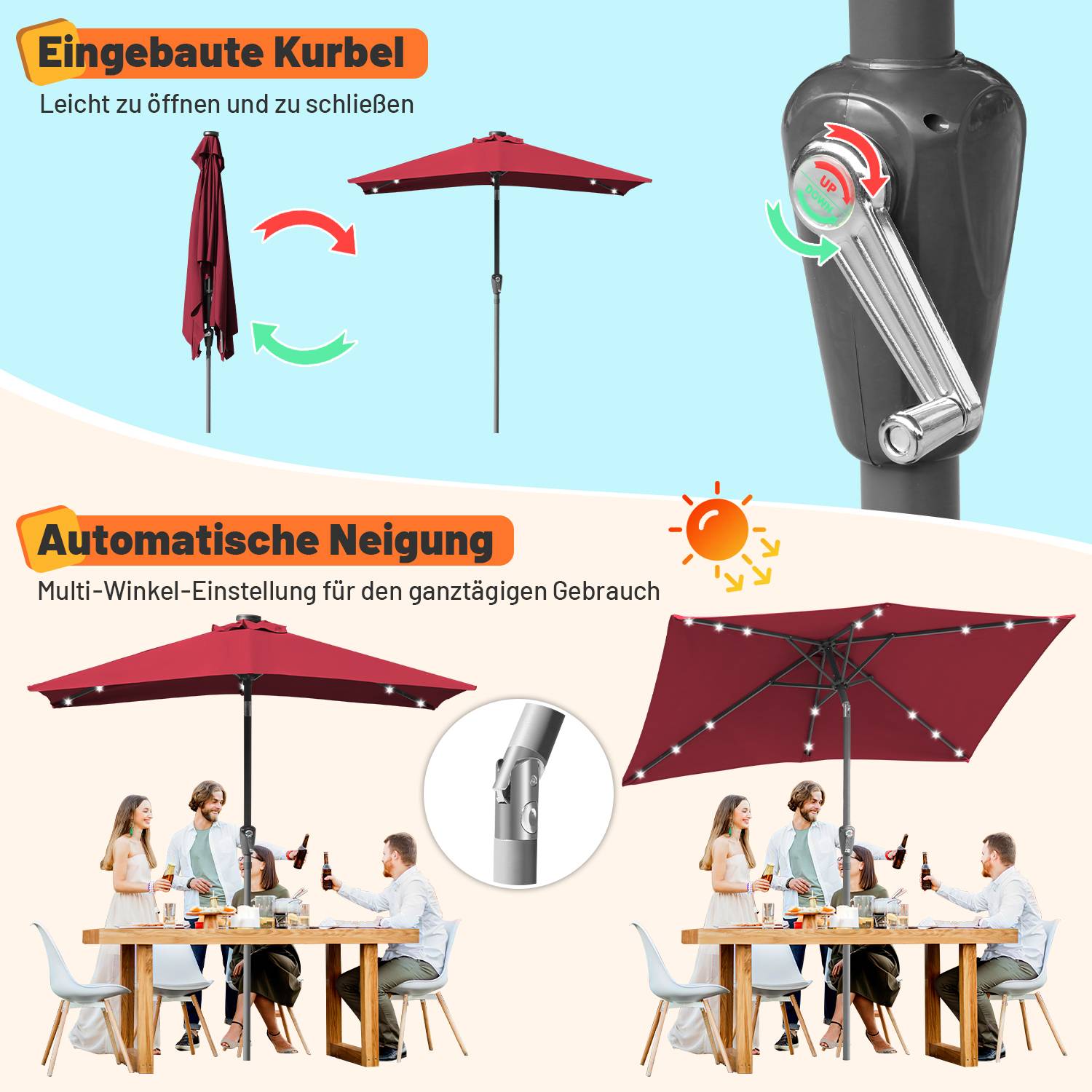 Sonnenschirm 200 x 300cm Gartenschirm Knickbarer Marktschirm Kurbelschirm mit Kurbelvorrichtung,Rot